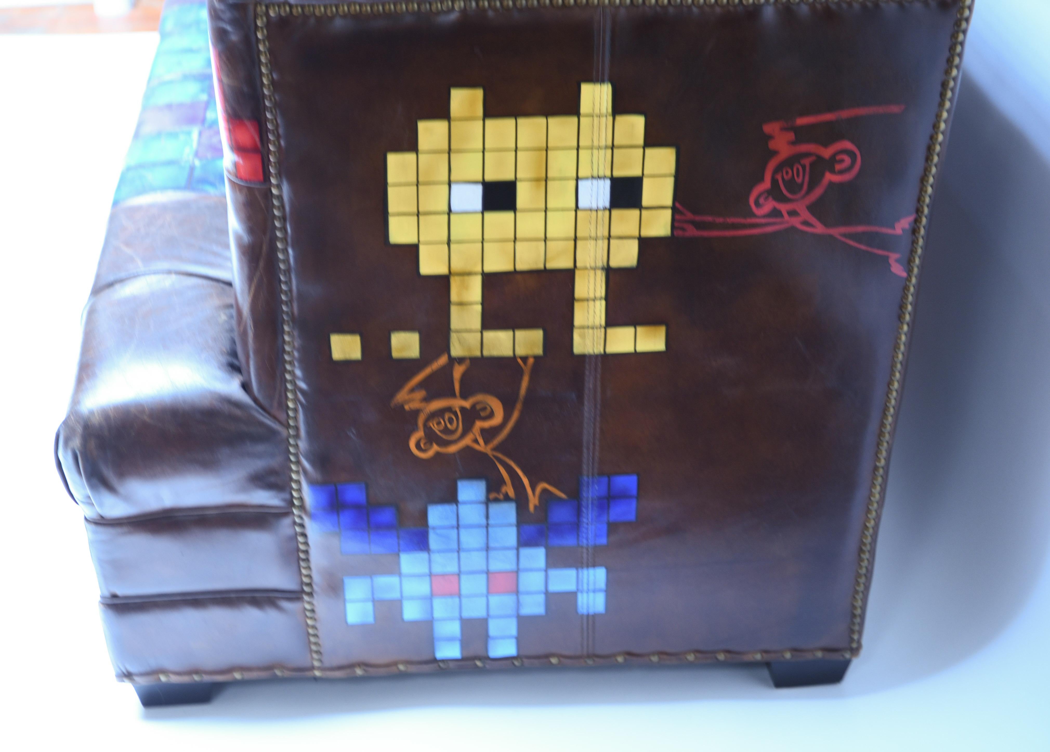 American Manner of Invader Graffiti Art Painted Leather Sofa