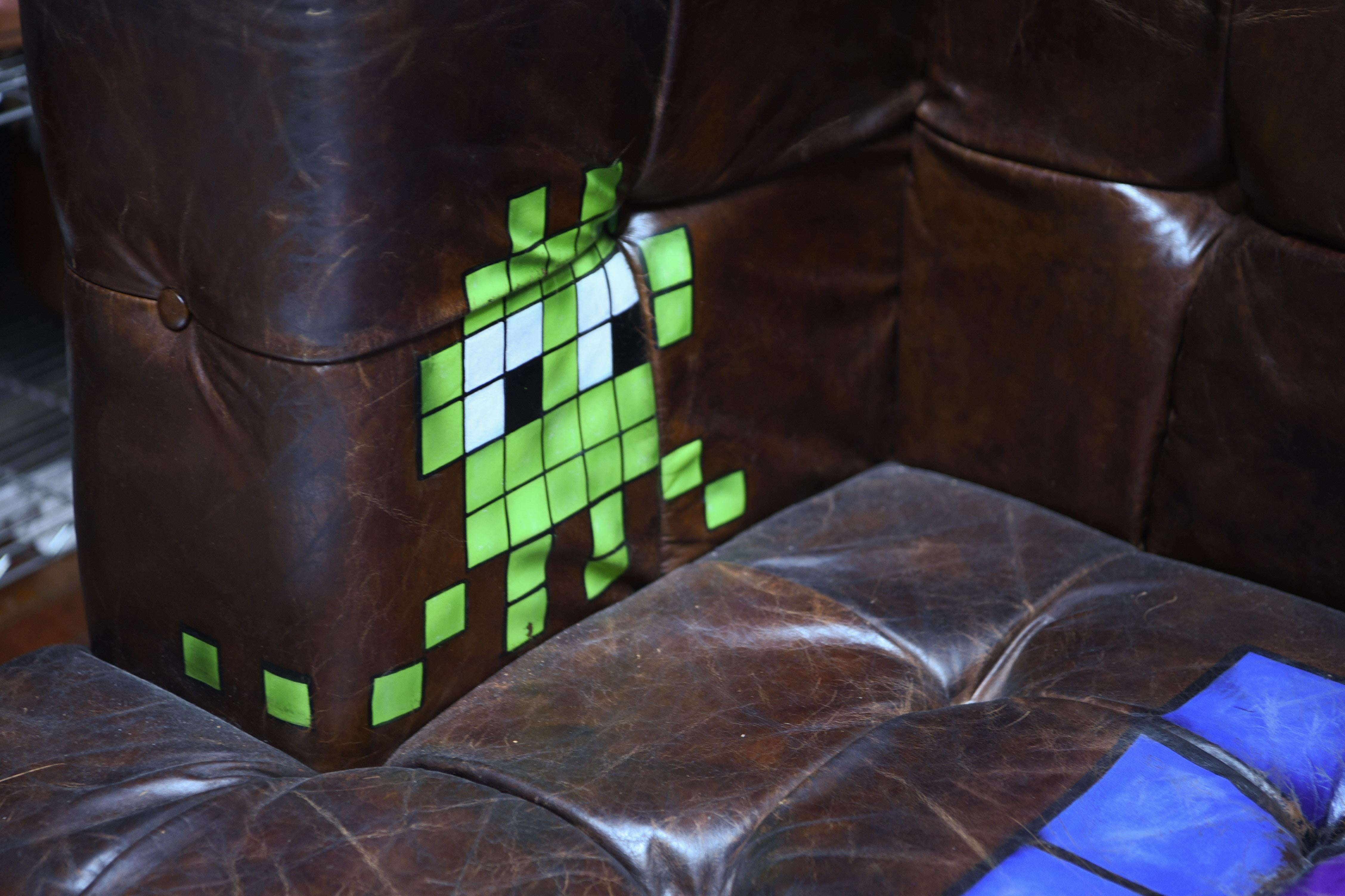 Contemporary Manner of Invader Graffiti Art Painted Leather Sofa