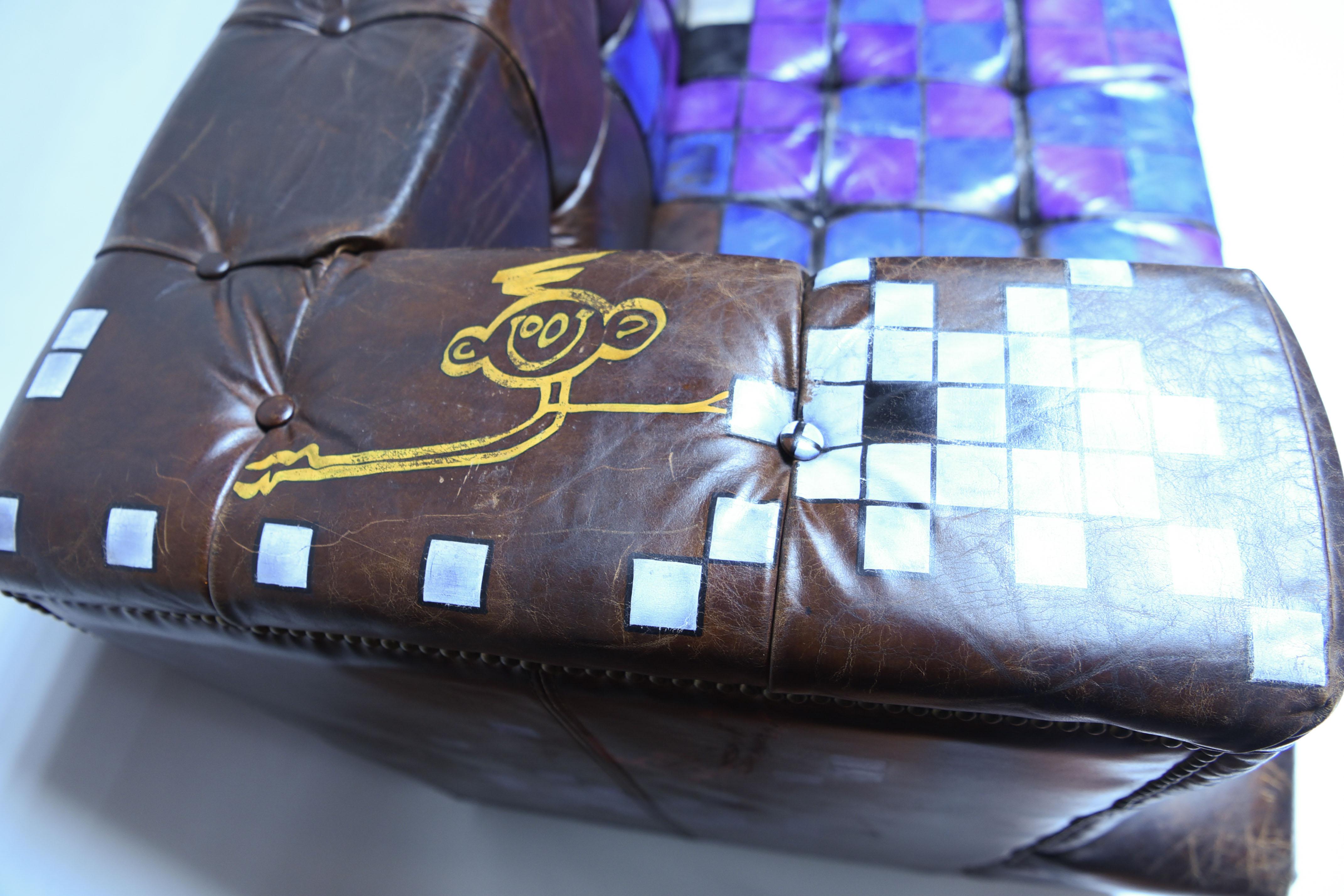 Manner of Invader Graffiti Art Painted Leather Sofa 1