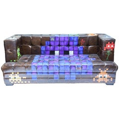 Manner of Invader Graffiti Art Painted Leather Sofa