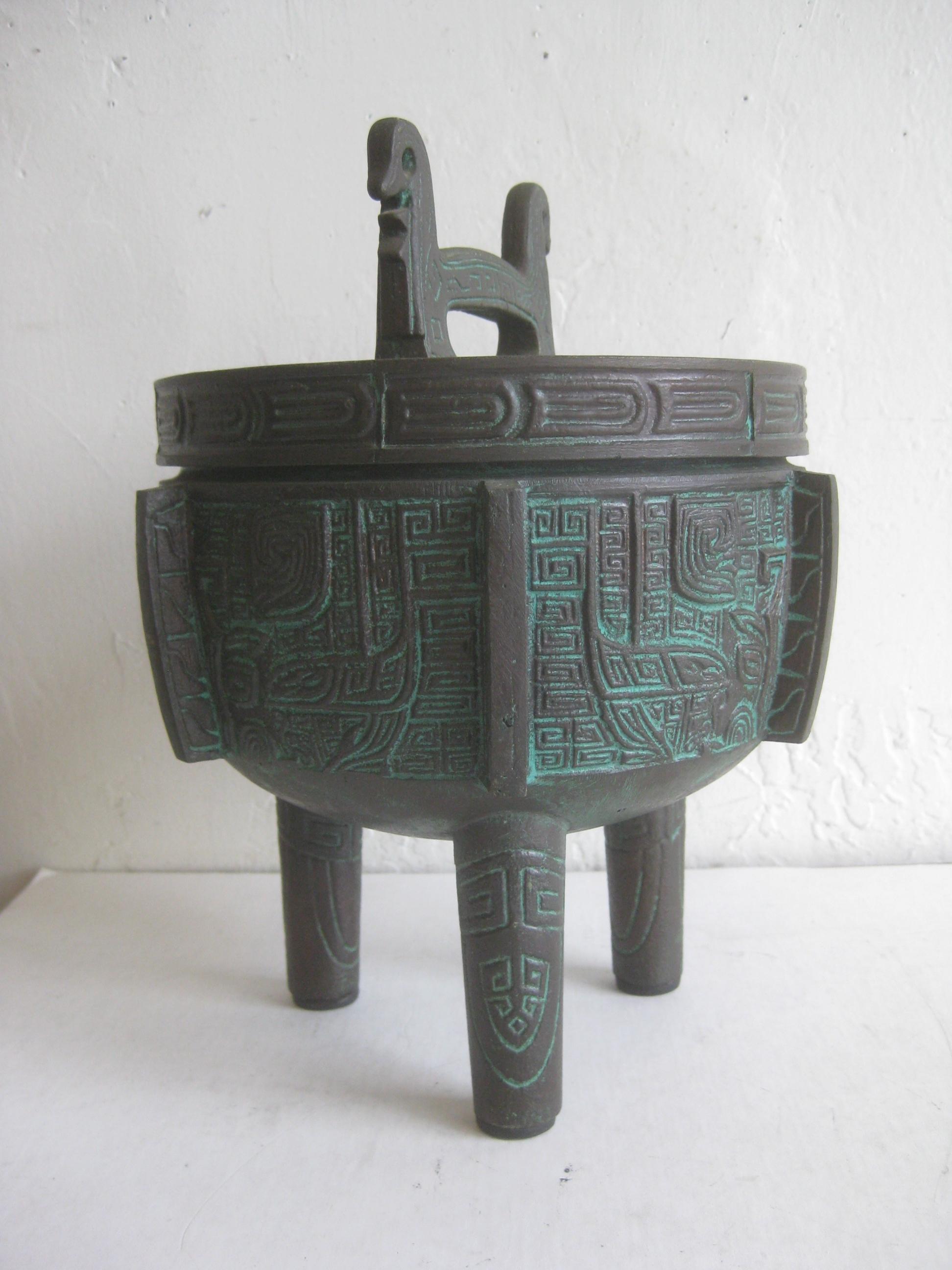 20th Century Manner of James Mont Asian Chinese Verdigris Design Bar Cocktail Ice Bucket For Sale