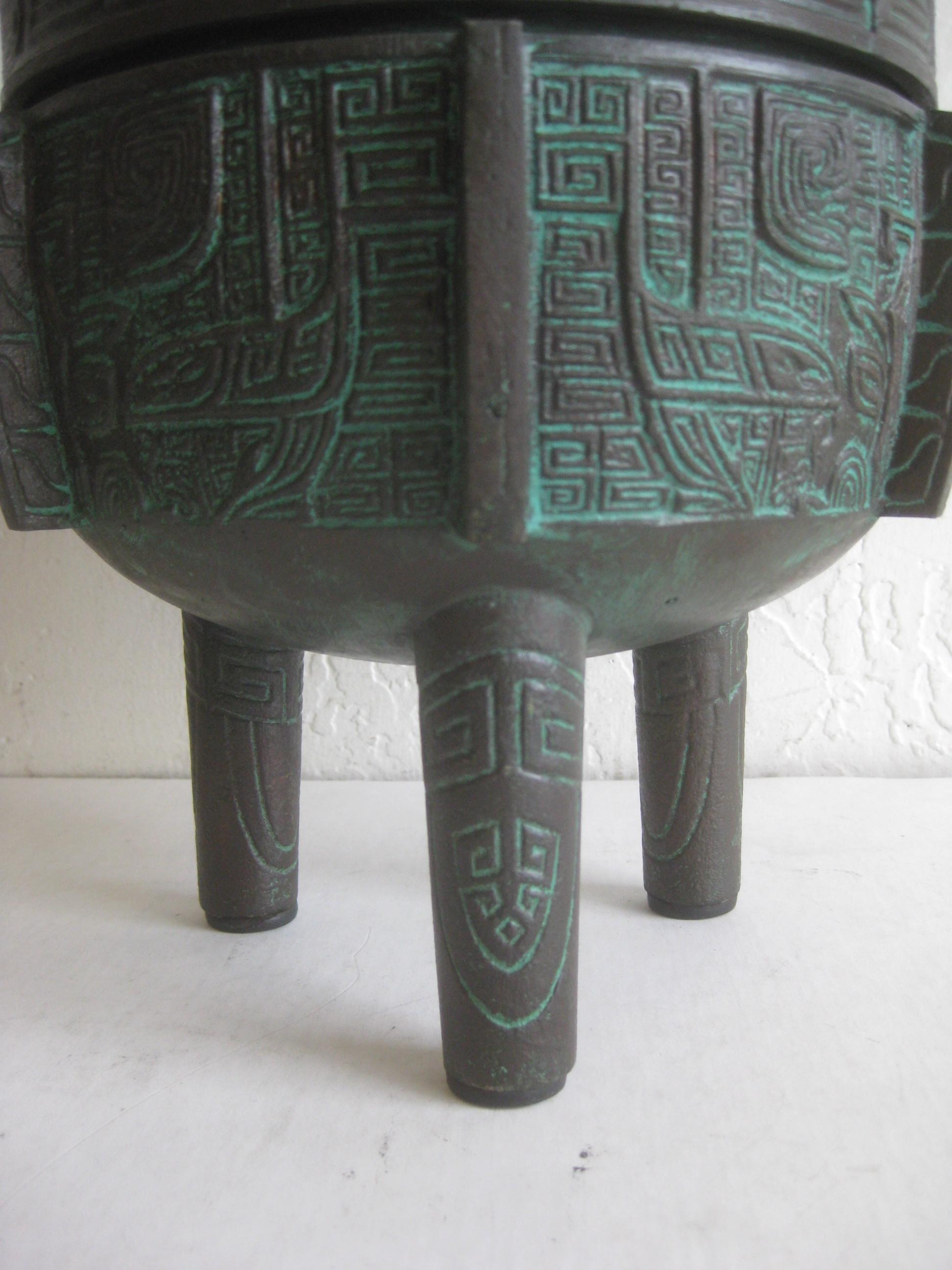 Copper Manner of James Mont Asian Chinese Verdigris Design Bar Cocktail Ice Bucket For Sale