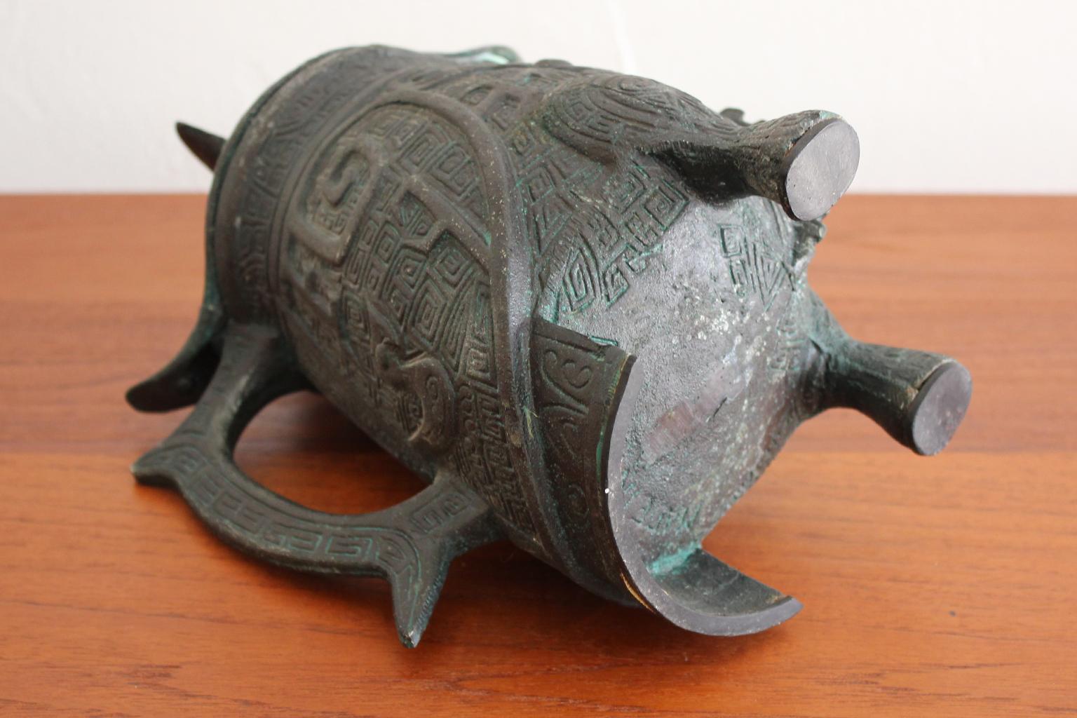 Copper Manner of James Mont Asian Chinese Verdigris Design Water Pitcher For Sale
