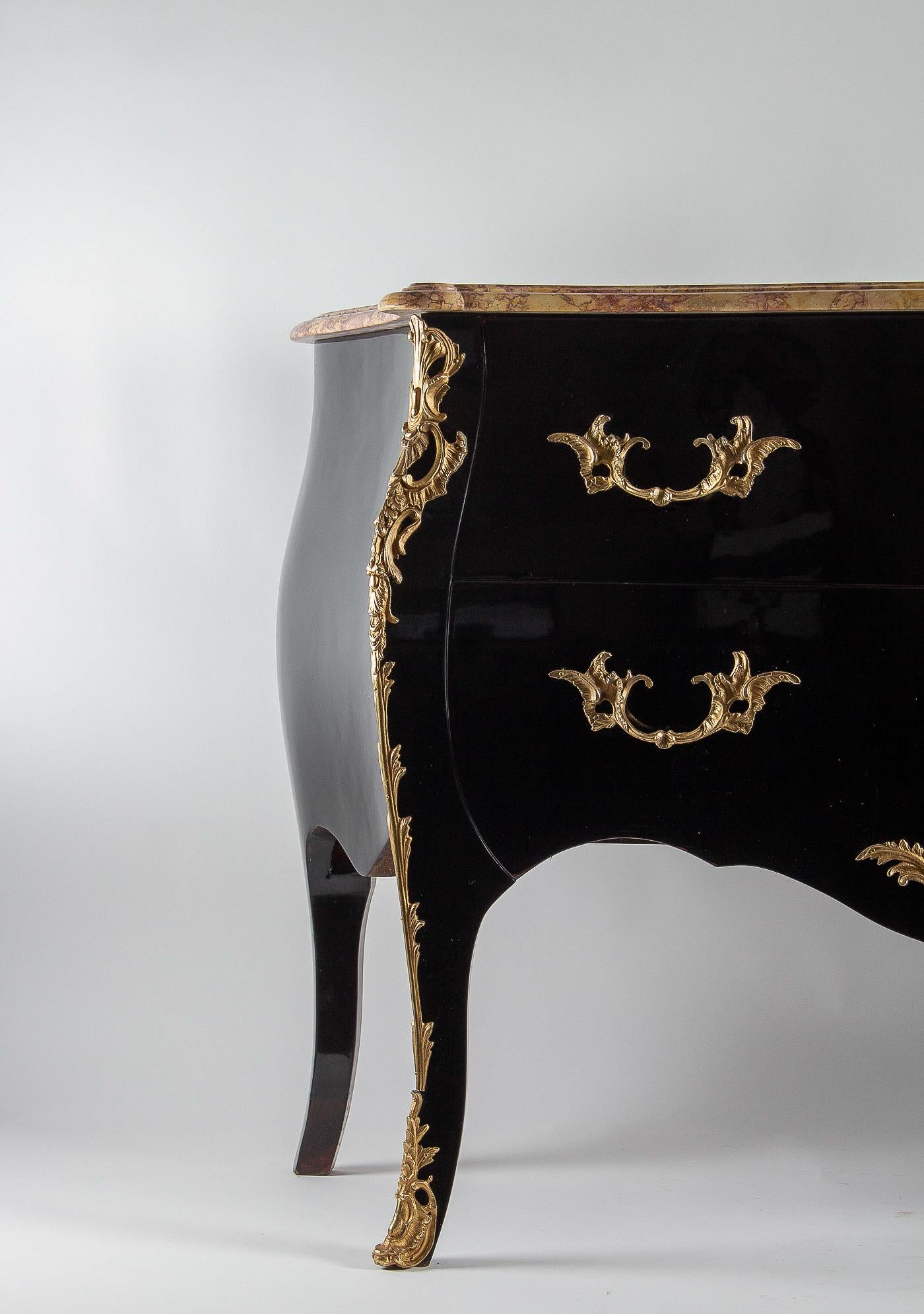 Gilt Manner of Jansen French Louis XV Style Black-Lacquered Commode, circa 1950
