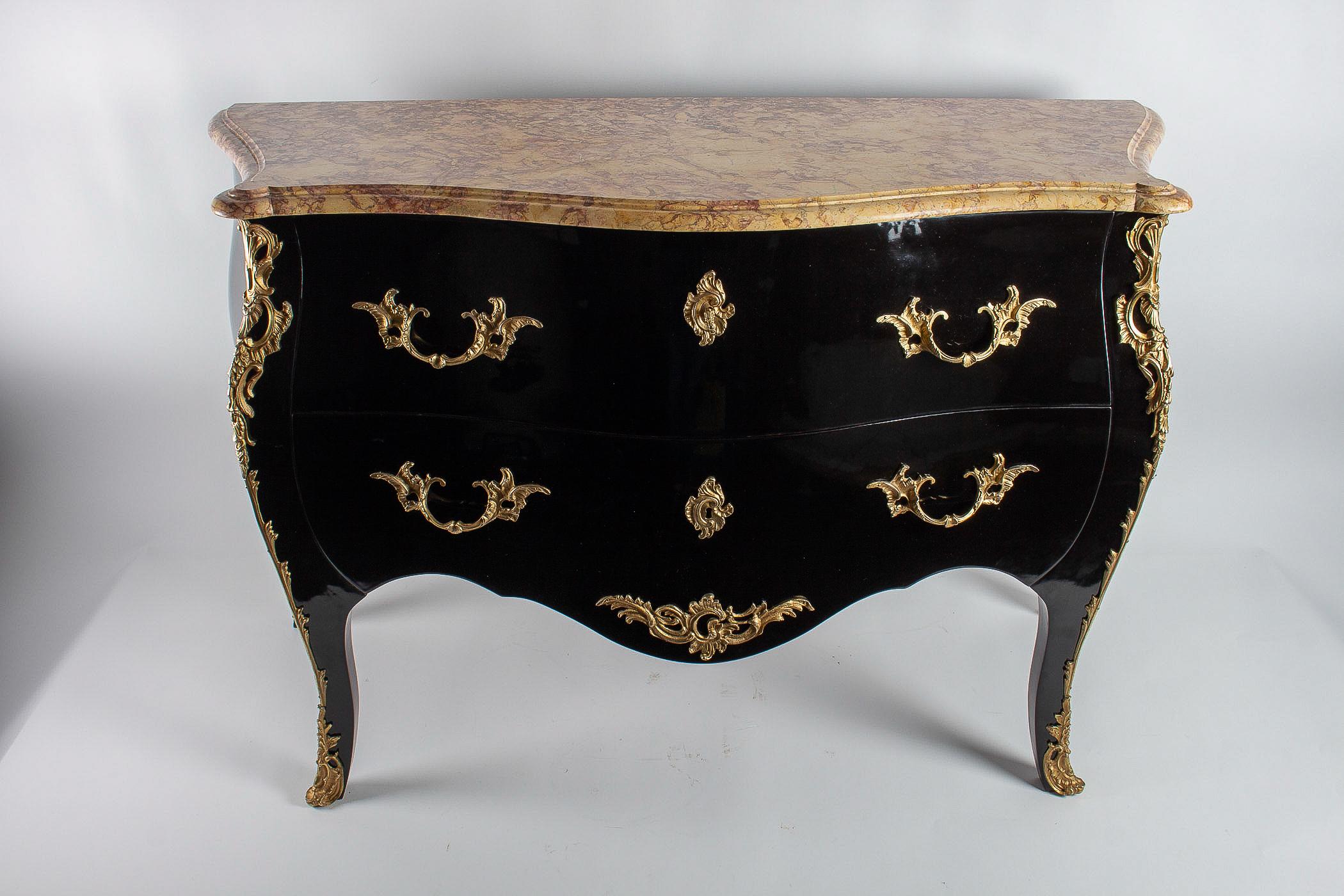 Bronze Manner of Jansen French Louis XV Style Black-Lacquered Commode, circa 1950