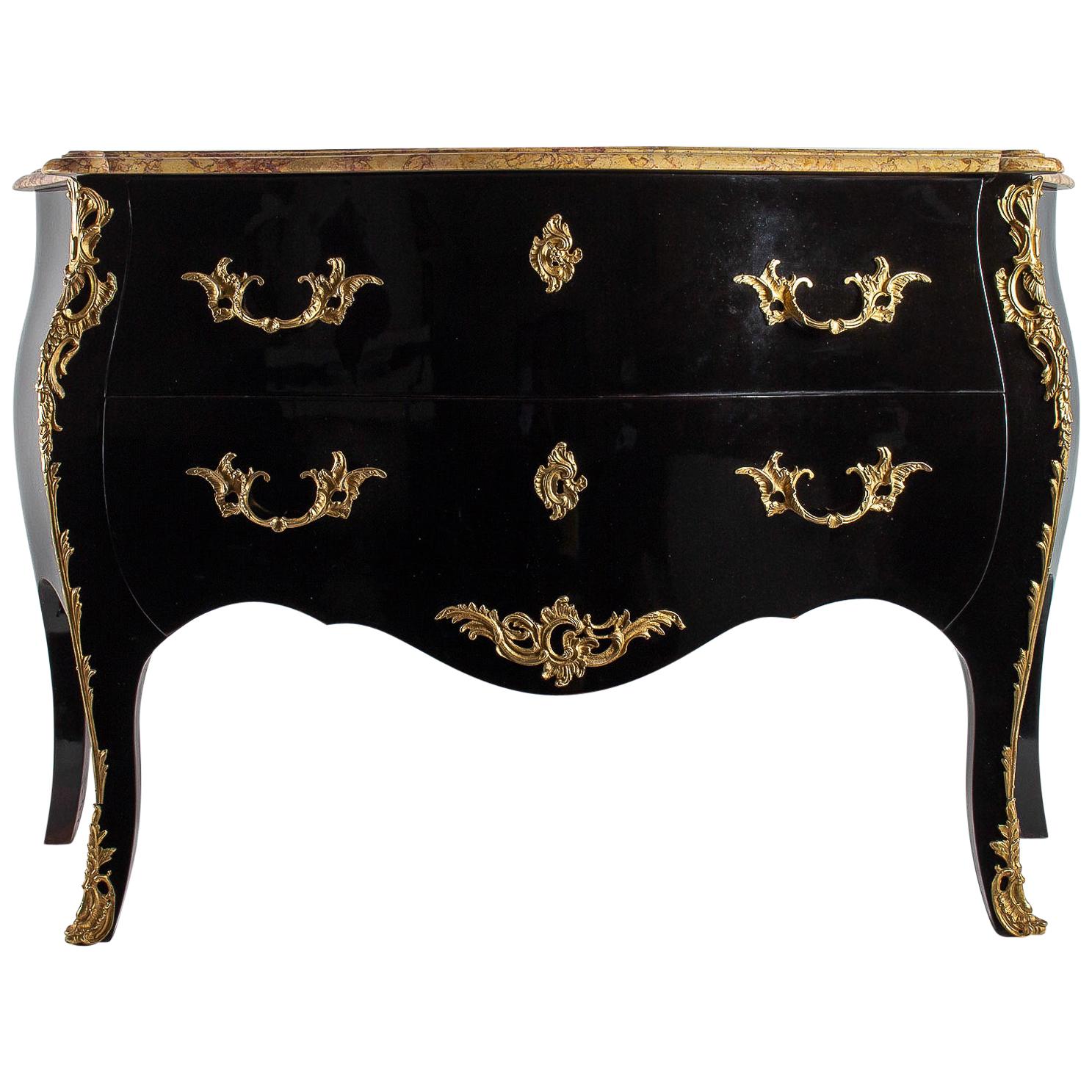 Manner of Jansen French Louis XV Style Black-Lacquered Commode, circa 1950