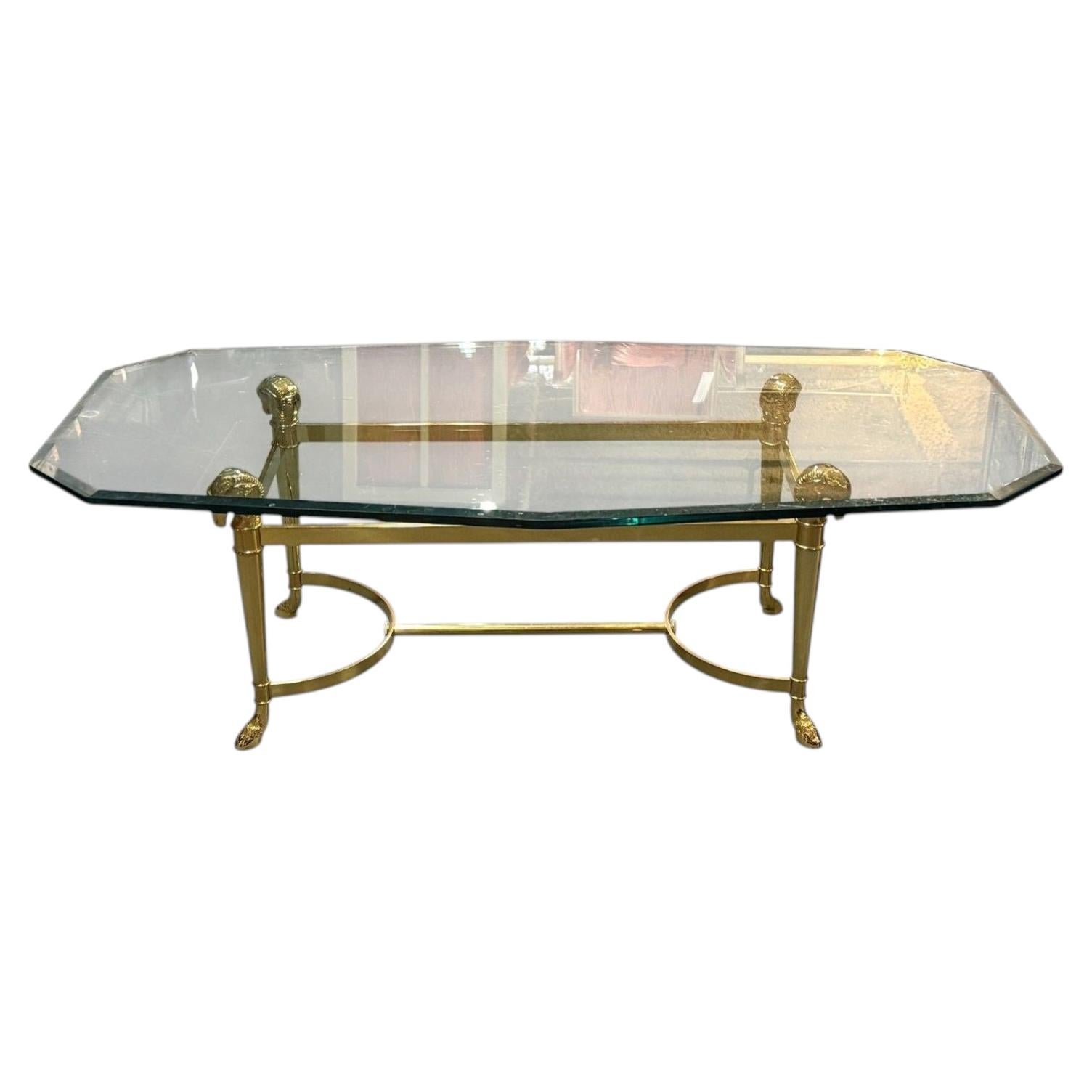 Jansen Octagon Glass Top Coffee Table, Solid Brass, Rama Head, Hollywood Regency