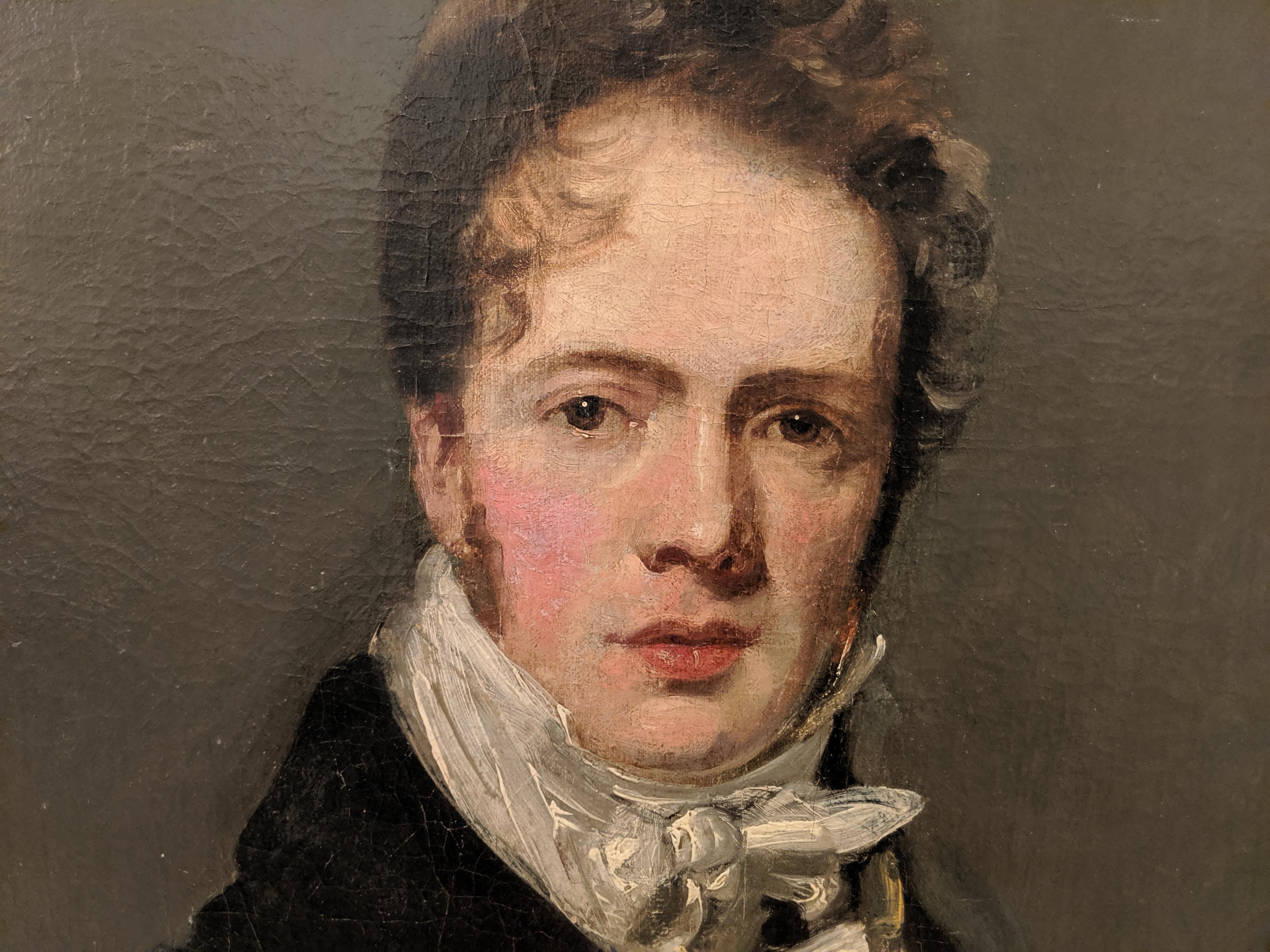 Manner of John Constable, RA (British 1776-1837), self portrait oil on canvas. Painted by an extremely accomplished hand in the English Romantic tradition, the work has various exhibition notations to verso. In original frame.
Measures: Canvas