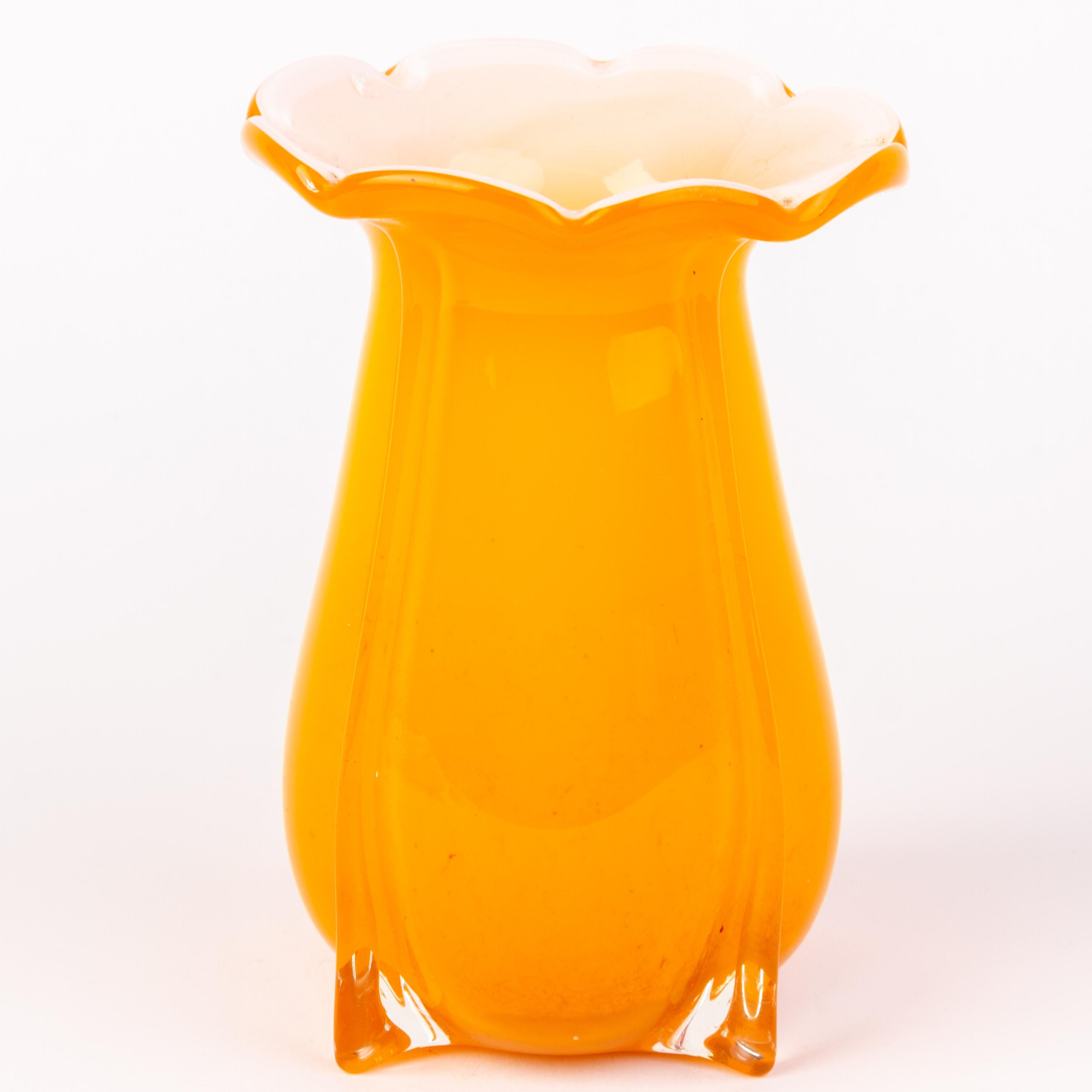 20th Century Manner of Loetz Czech Orange Tango Glass Art Deco Vase