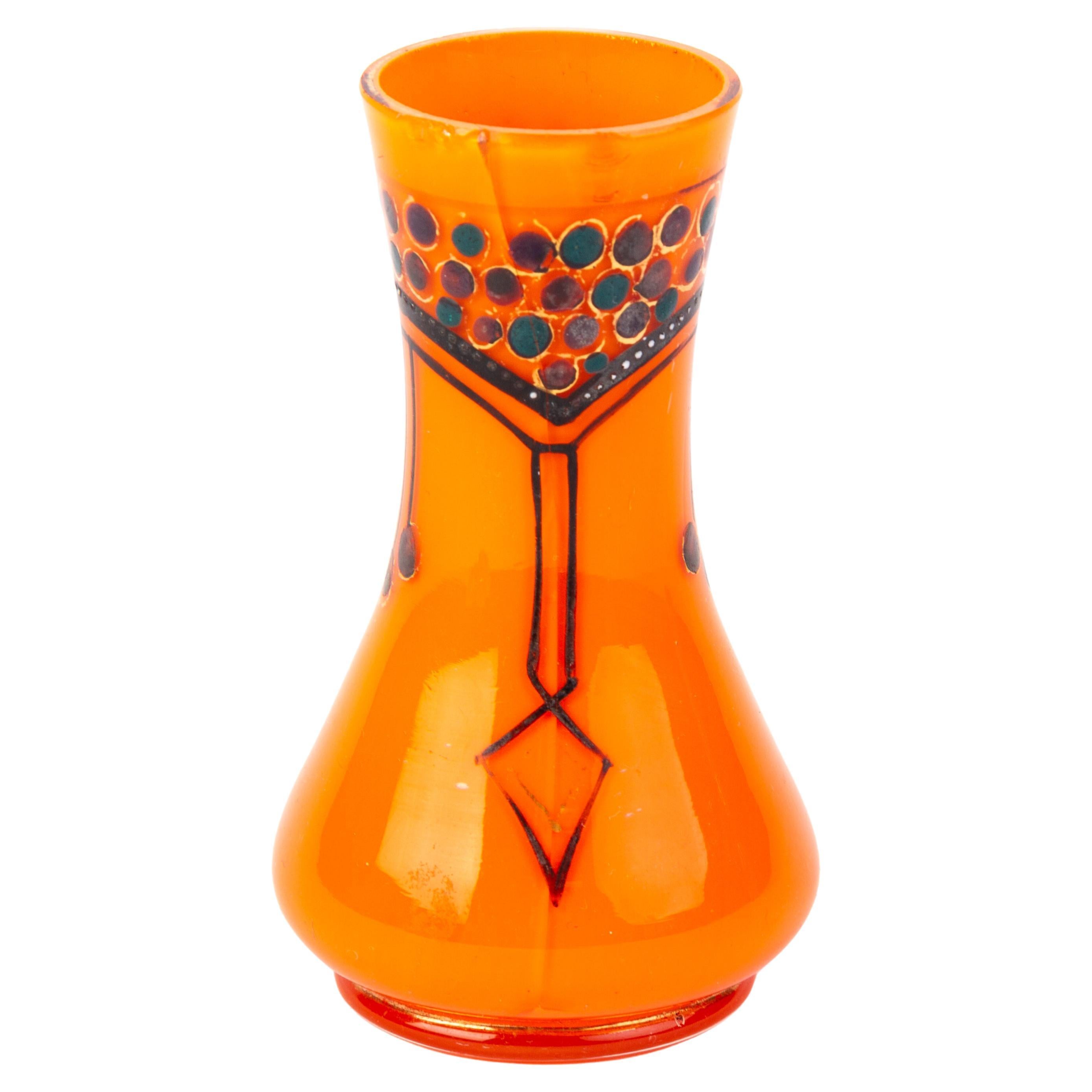Manner of Loetz Orange Tango Bohemian Glass Art Nouveau Vase For Sale