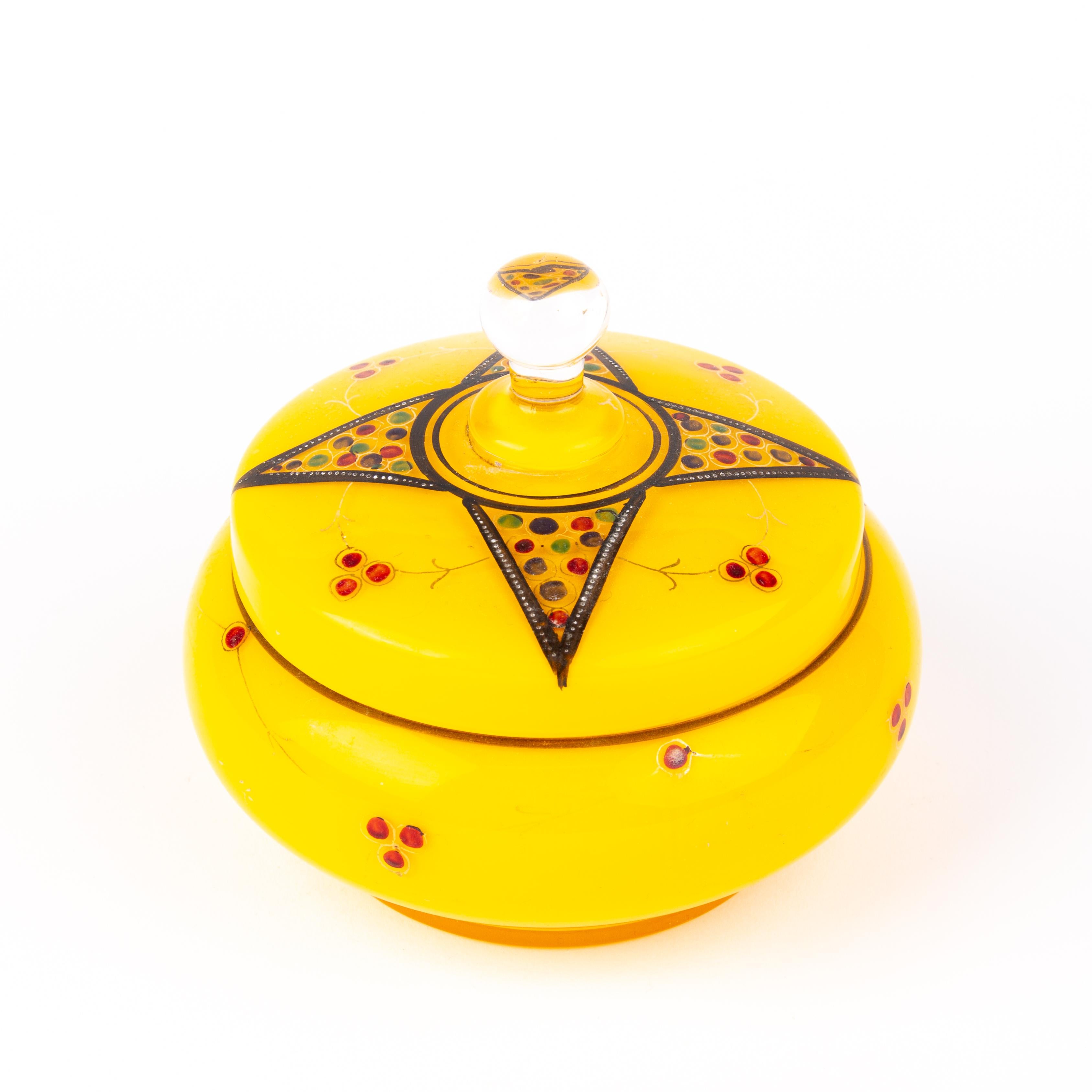 In good condition
From a private collection
Manner of Loetz Tango Enamel Bohemian Glass Lidded Art Nouveau Bomboniere