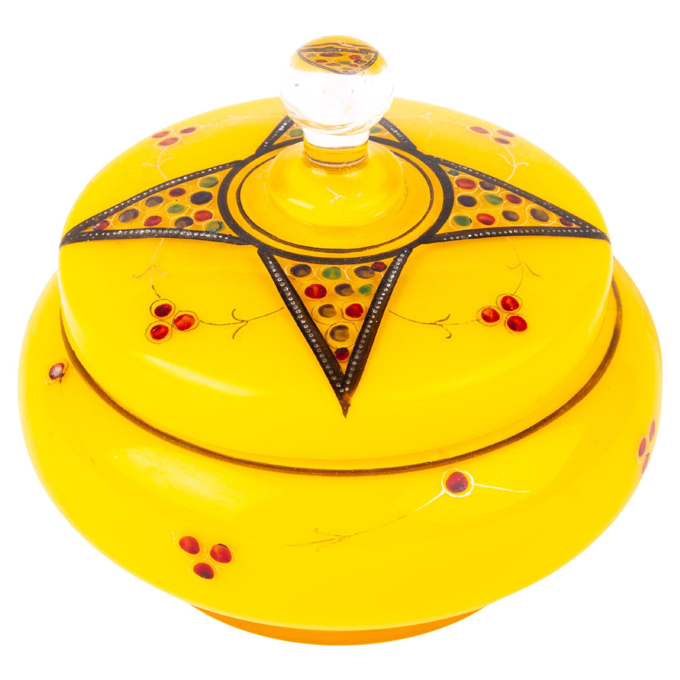 Manner of Loetz Tango Enamel Bohemian Glass Lidded Art Nouveau Bomboniere For Sale