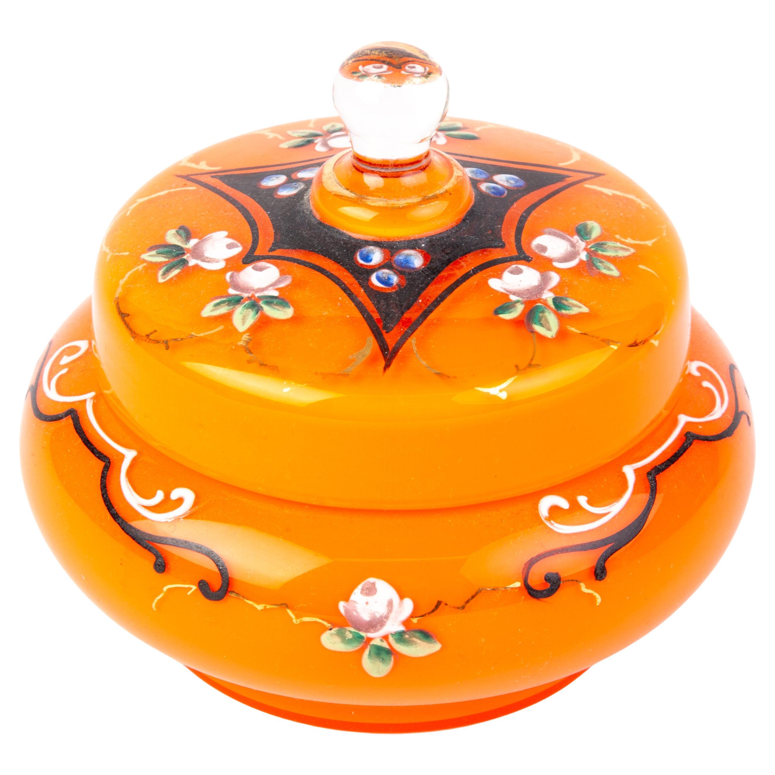 Manner of Loetz Tango Enamel Bohemian Glass Lidded Art Nouveau Bomboniere For Sale