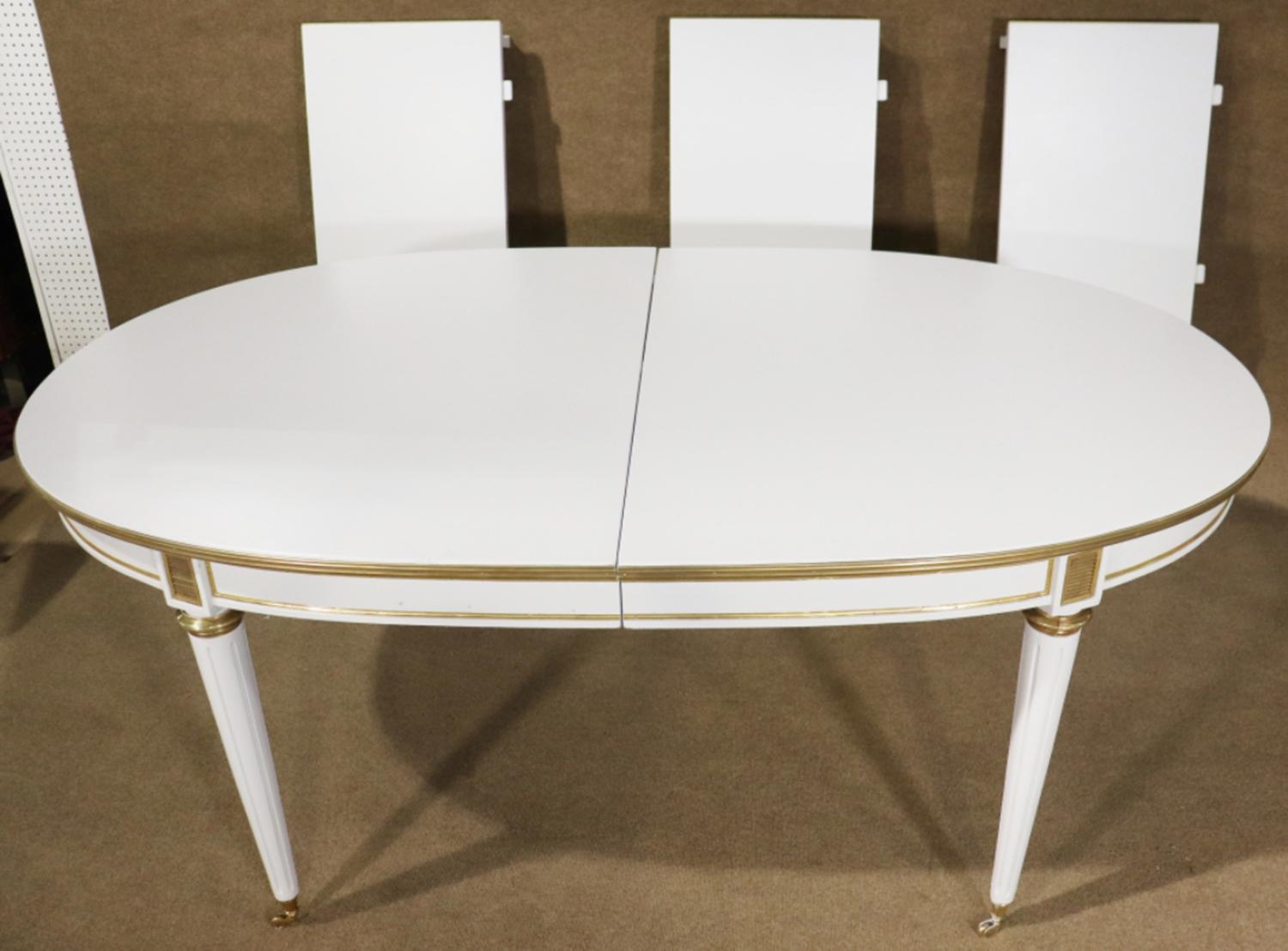 Directoire Manner of Maison Jansen White Lacquer Bronze Mounted Dining Table 3 Leaves  For Sale