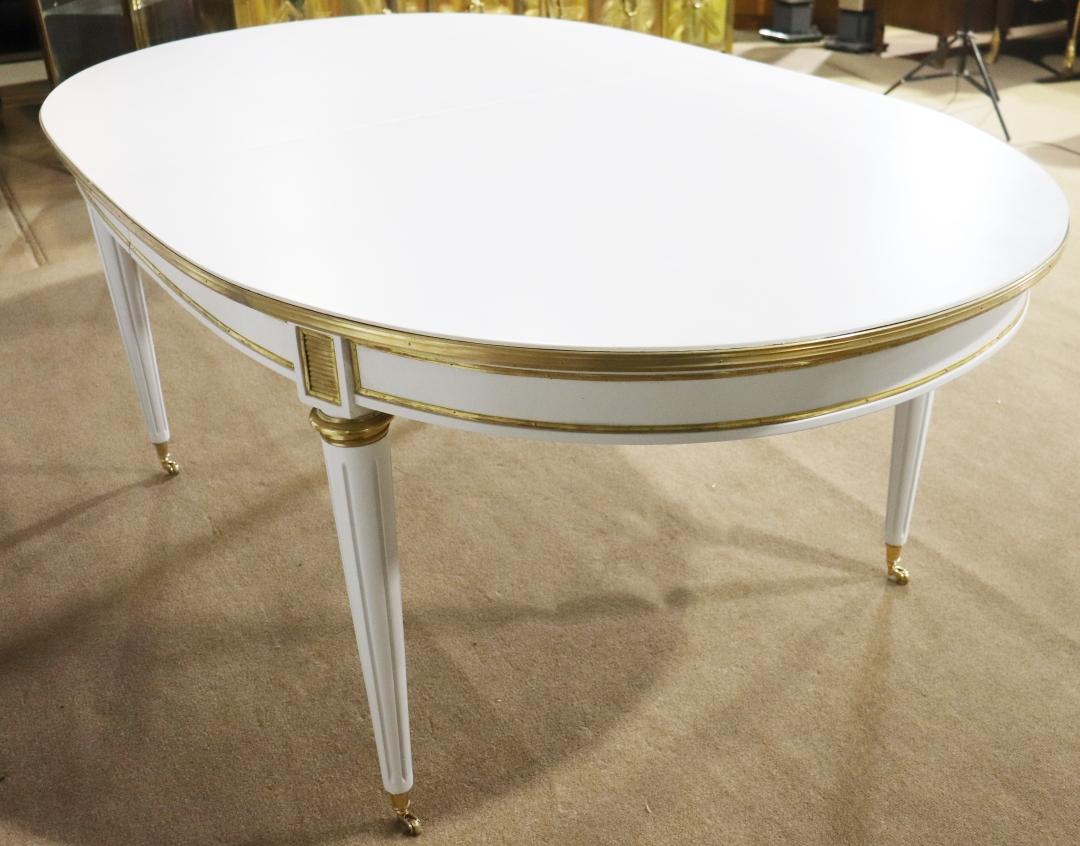 Late 20th Century Manner of Maison Jansen White Lacquer Bronze Mounted Dining Table 3 Leaves  For Sale