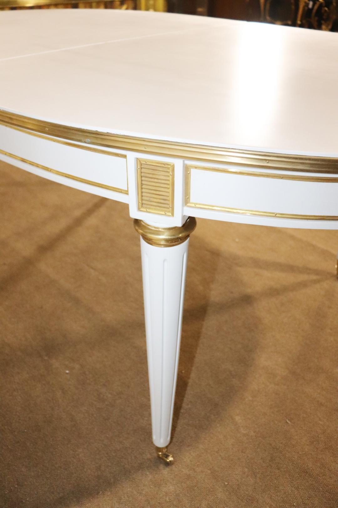 Brass Manner of Maison Jansen White Lacquer Bronze Mounted Dining Table 3 Leaves  For Sale