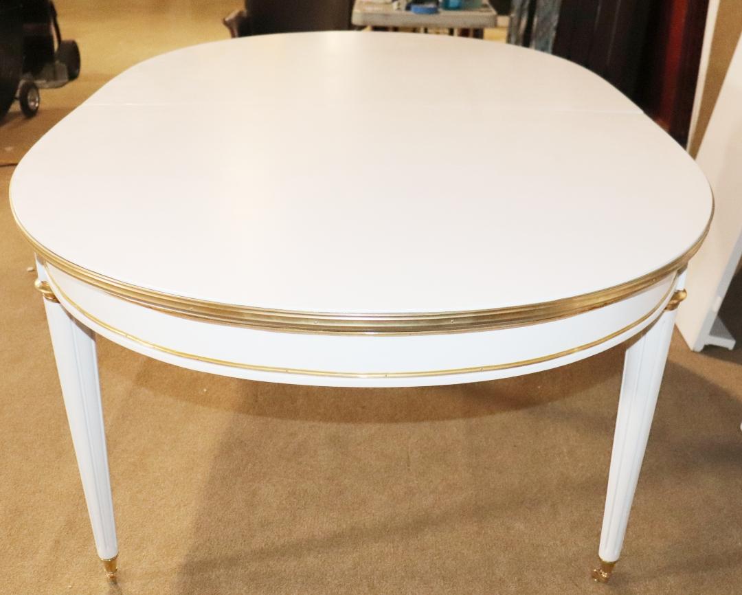 Manner of Maison Jansen White Lacquer Bronze Mounted Dining Table 3 Leaves  For Sale 1