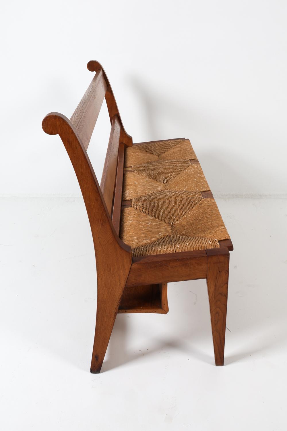 Banc de hall en chêne hollandais avec assise en jonc, vers 1950, de la main de Martin Visser en vente 9