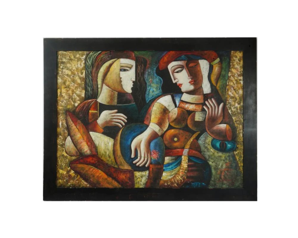 Gemälde in Öl auf Leinwand. Amerikanisch, Anfang des 21. Jahrhunderts. In der Art von Oleg Zhivetin, geboren 1964, einem russischen Künstler, der für seinen unverwechselbaren kubistischen Stil, sein Interesse an religiöser Ikonografie und die