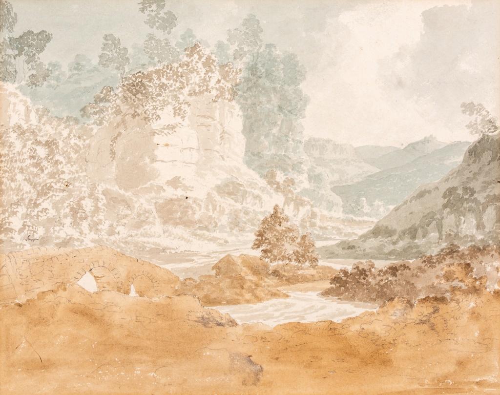 Nach Art von William Payne (Engländer, 1760-1830), Berglandschaft, Aquarell auf Papier, offenbar unsigniert, 20. Jahrhundert. Provenienz: Aus einer Sammlung in New York City. Abmessungen: Bild: 9,5