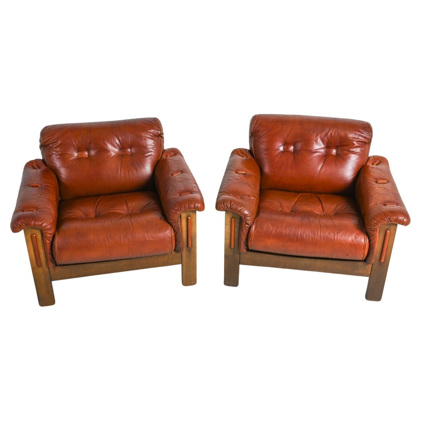 Manner of Percival Lafer Oak And Leather Arm Chairs, Circa 1970's
