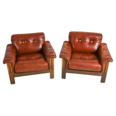 Manner of Percival Lafer Oak And Leather Arm Chairs, Circa 1970's
