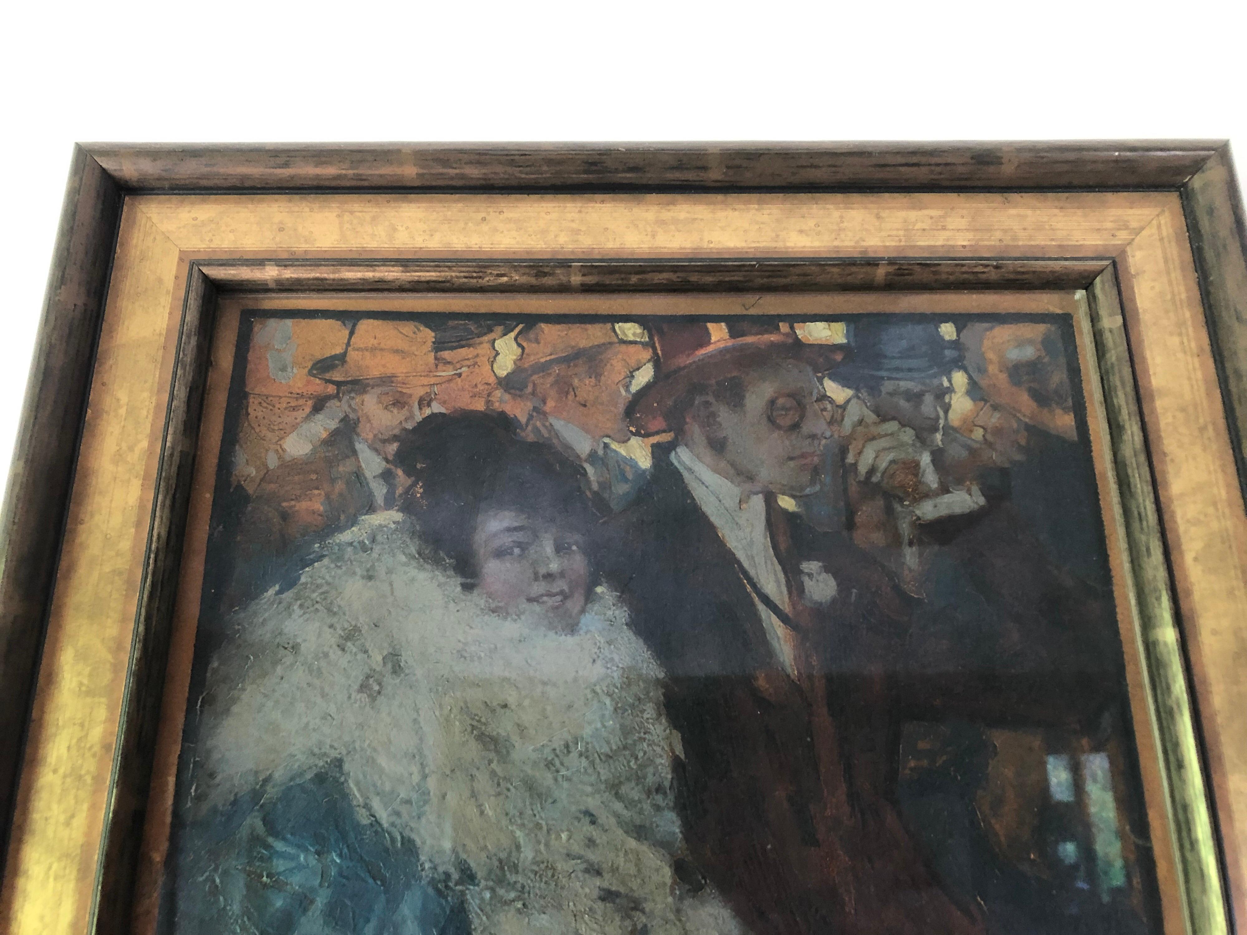 A vertical French Impressionistic opera scene in the manner of Touleouse Lautrec depicting a woman with a gentleman beside her. French School, late 19th century. Indistinctly signed lower left margin, Florence Gravier. Gilt, coppered, and silvered