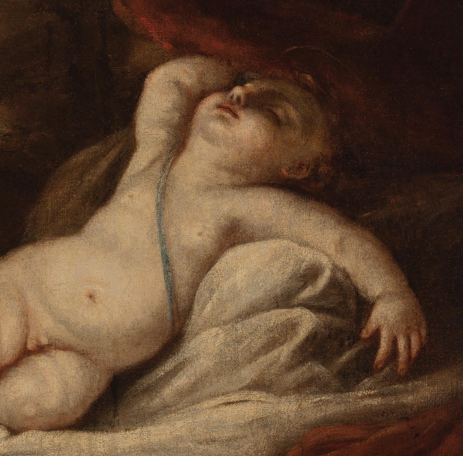 Renaissance Manner Titien, huile sur toile Sleeping Cupidon en vente