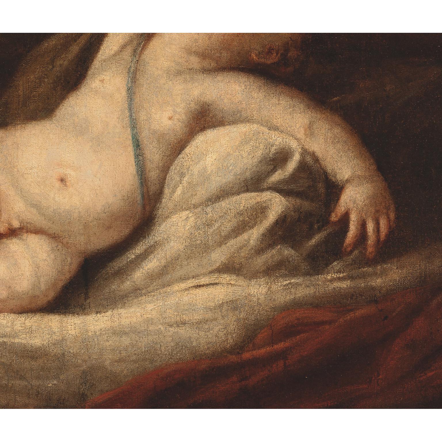 Sculpté à la main Manner Titien, huile sur toile Sleeping Cupidon en vente