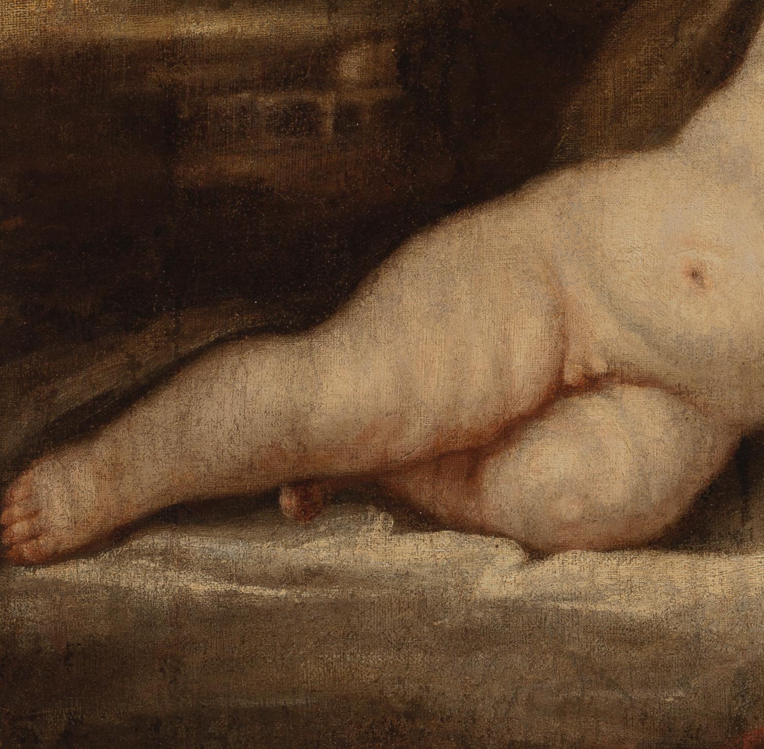 Manner Titian, Oil on Canvas Sleeping Cupid In Fair Condition For Sale In Los Angeles, CA
