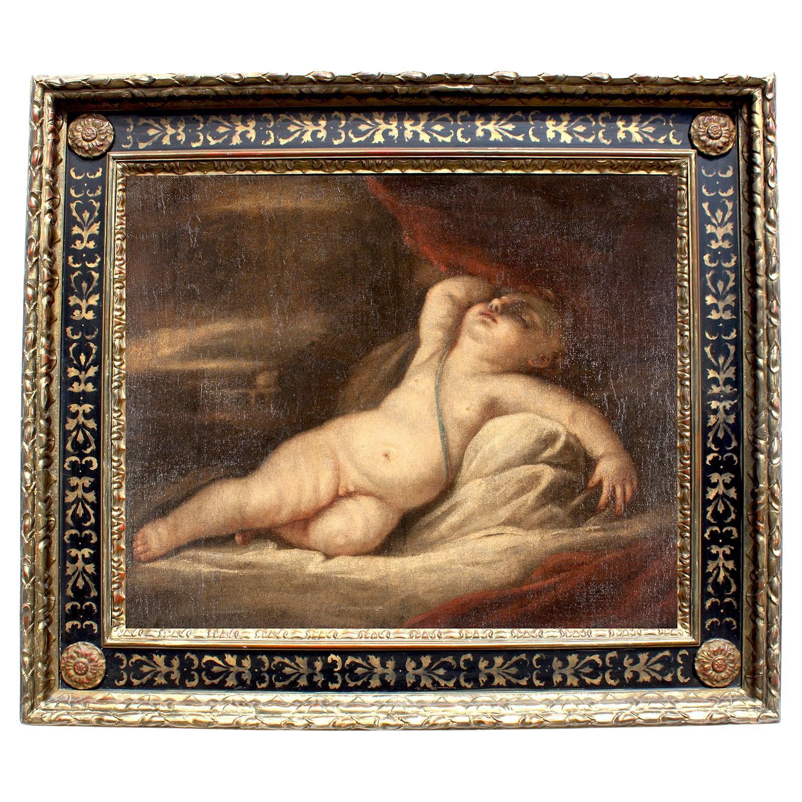 Manner Titian, Oil on Canvas Sleeping Cupid For Sale