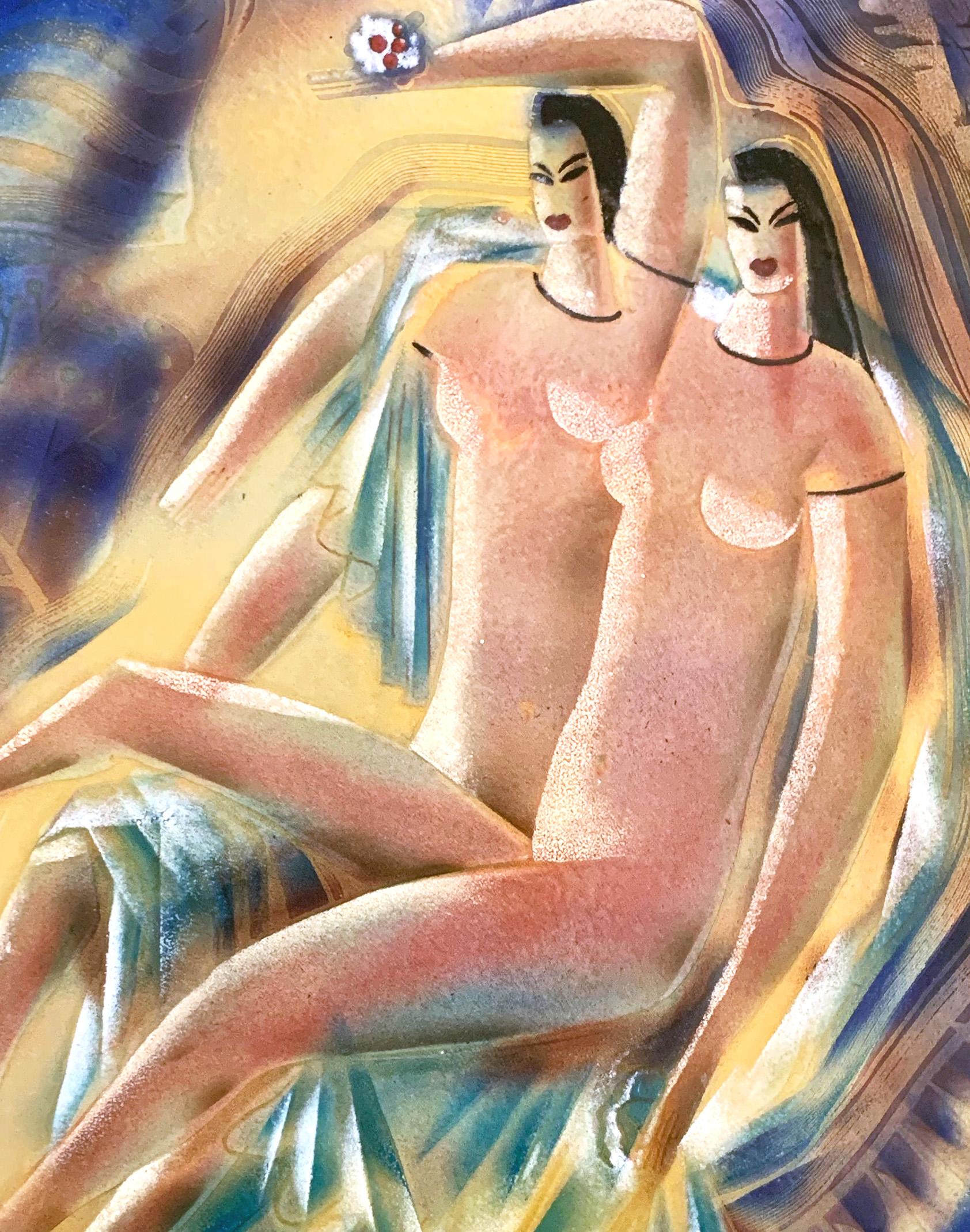 Américain Spectaculaire nus masculins en émail Art déco avec nus féminins en bleu et or en vente
