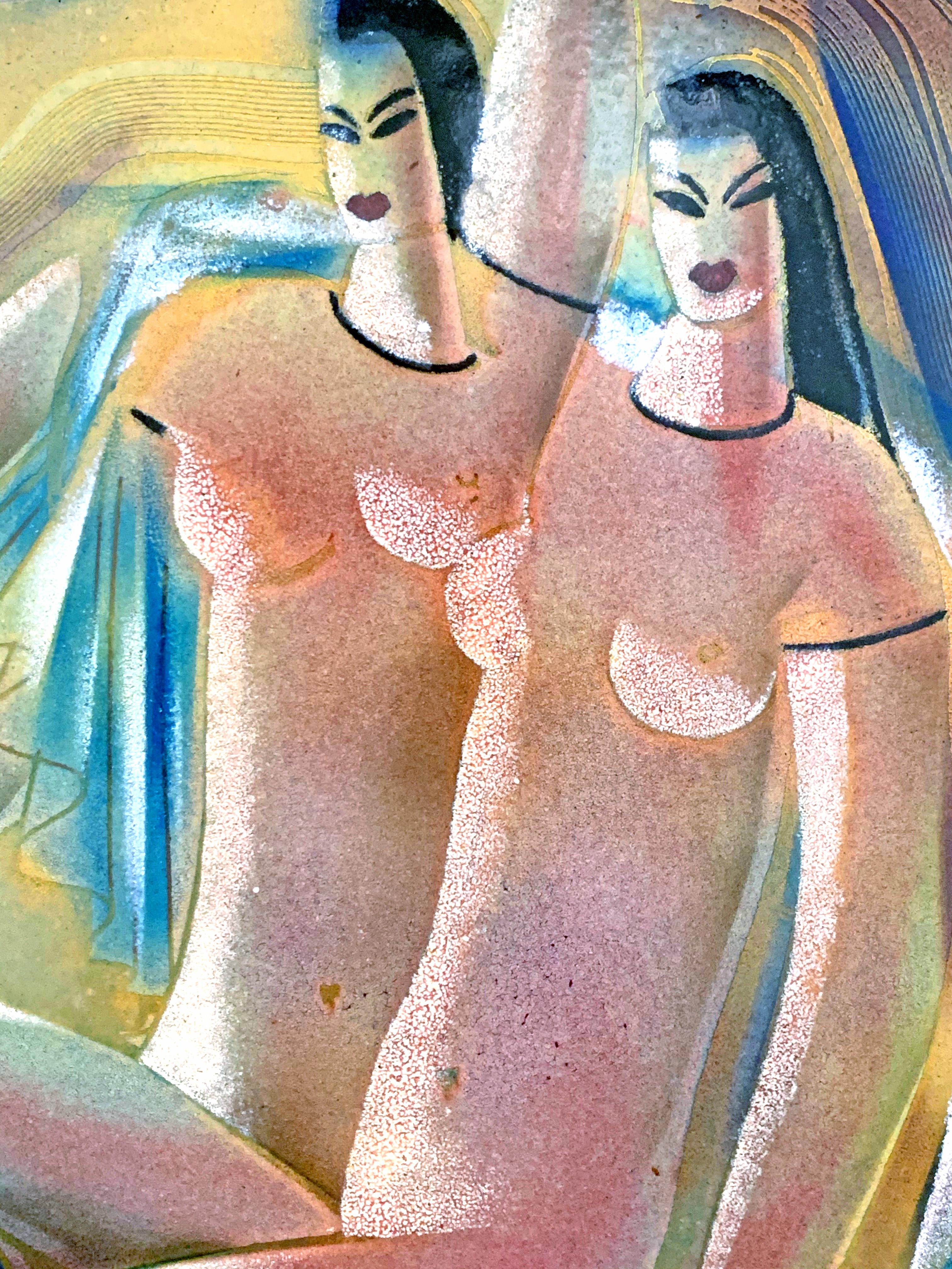 Cuit Spectaculaire nus masculins en émail Art déco avec nus féminins en bleu et or en vente
