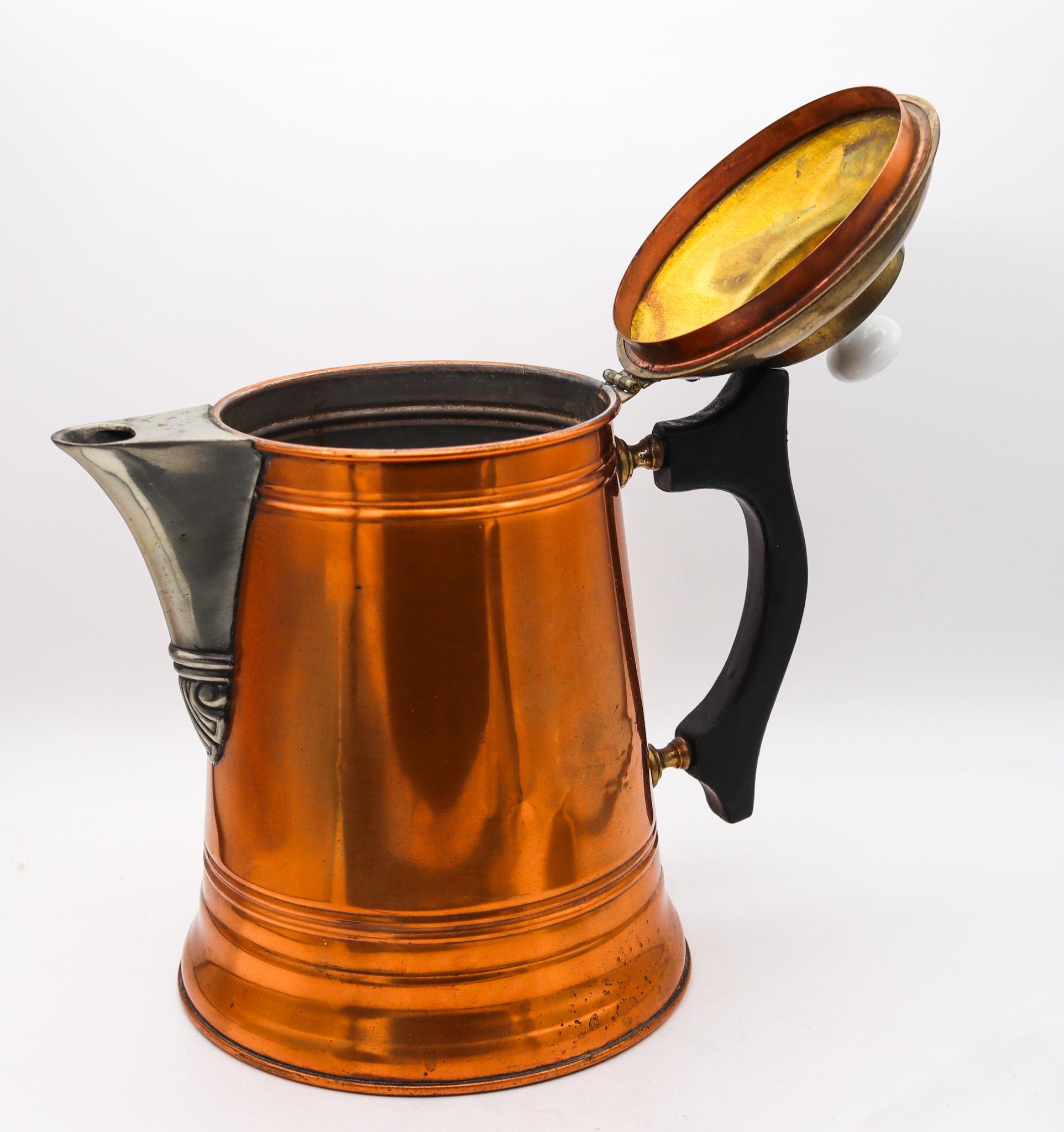 American Manning Bowman 1899 Art Deco Pitcher-Pot In Copper Bronze Brass And Porcelain For Sale