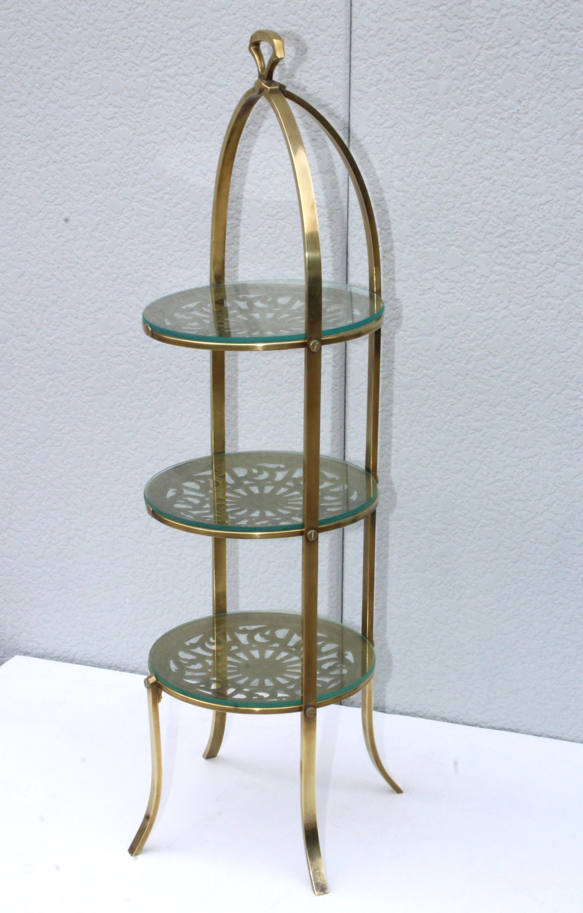 1950s modern 3-tier brass and glass cake stand by Manning Bowman.
