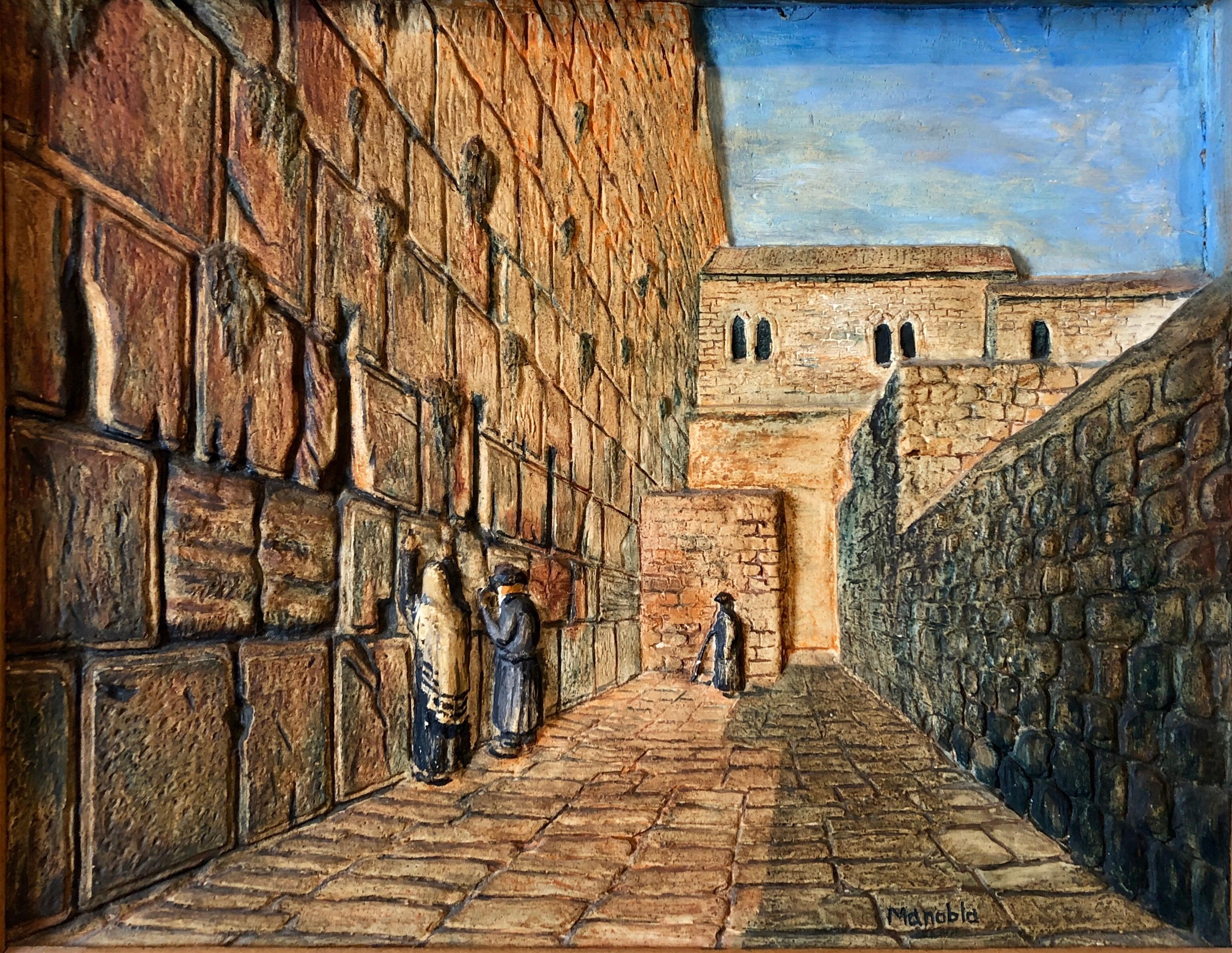 Vintage Jerusalem Western Wall Relief Sculpture Model Diorama Painting Judaica - Beige Figurative Sculpture by Manobla