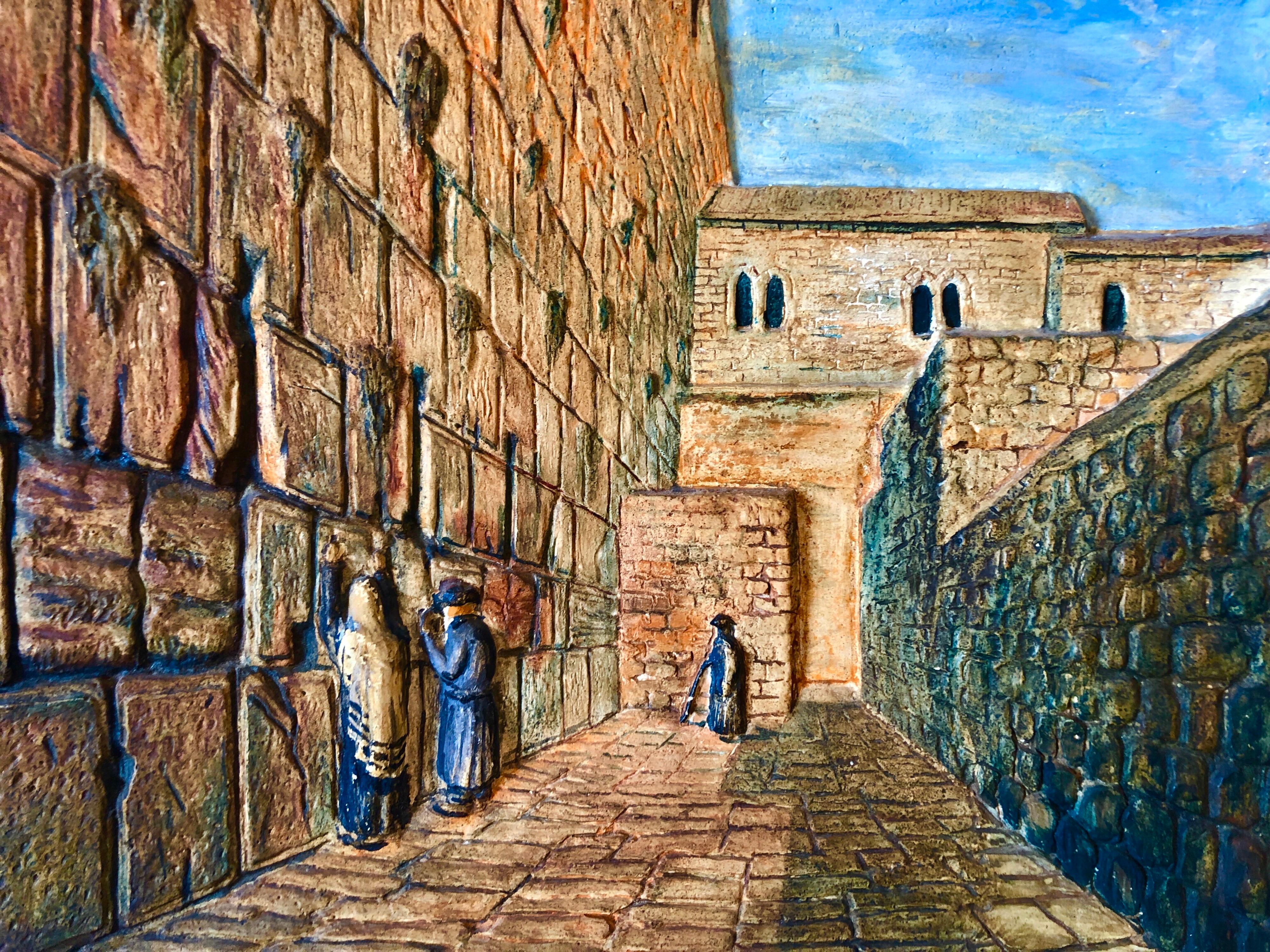 Joseph Manobla, (Israeli, 1930-1979), The Western Wall (The Wailing Wall), Bemaltes Diorama-Skulpturenrelief, 12,5 x 15,75 Zoll (Relief), 17 x 20,25 Zoll (einschließlich original bemaltem Künstlerrahmen), Signiert unten rechts. betitelt verso 