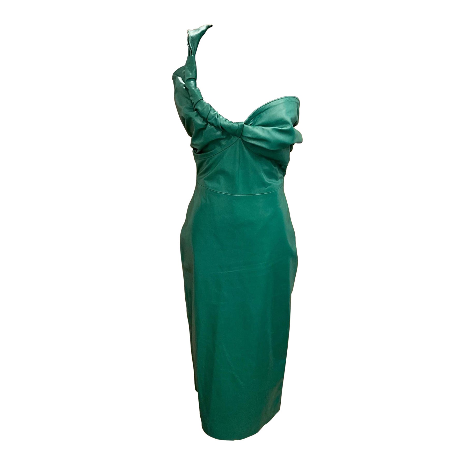 Manokhi Green Leather One-Shoulder Dress New For Sale