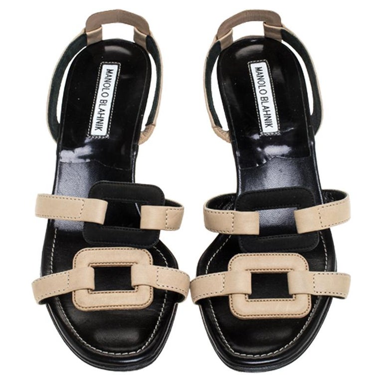 Manolo Blahik Beige/Black Cutout Leather Slingback Sandals Size 37 at ...