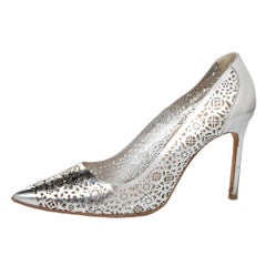 Manolo Blahink Silver Lazer Cut Patent Leather Pumps Size 39.5