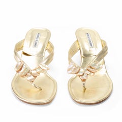 Manolo Blahnik 2000s Gold Pearlescent Seashell Thong Heels