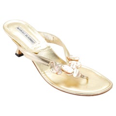 Manolo Blahnik 2000s Gold Pearlescent Seashell Thong Heels
