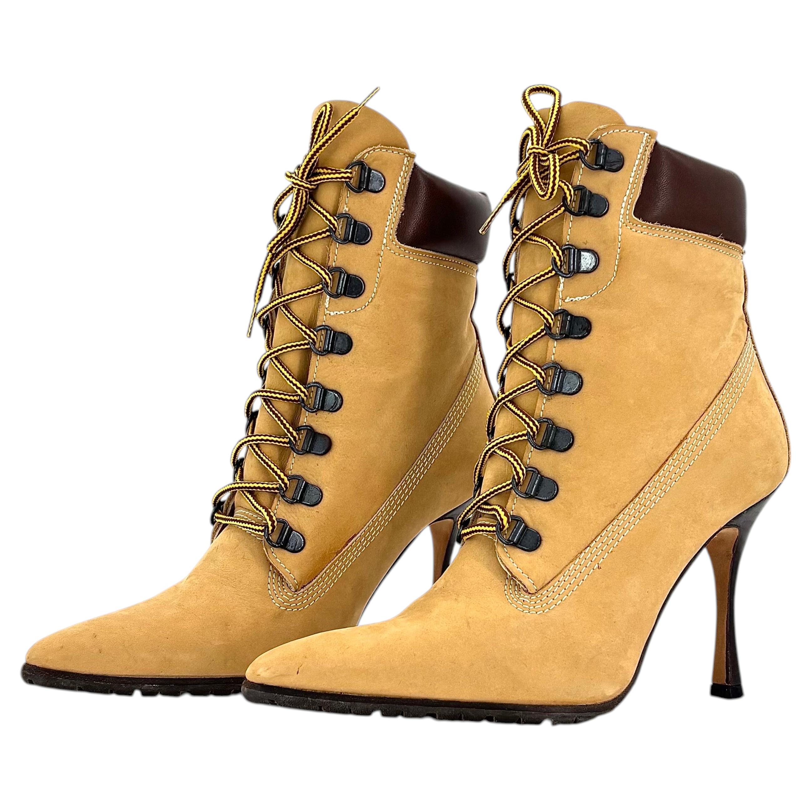 Manolo Blahnik 2002 Oklamod Timberland Lace Up Pointed Toe Ankle Boots 35.5