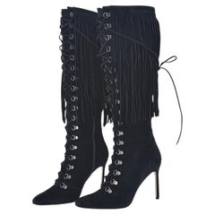 Manolo Blahnik 2015 Fringed Laceup Siouxi 105 Suede Knee High Heeled Boots 37.5
