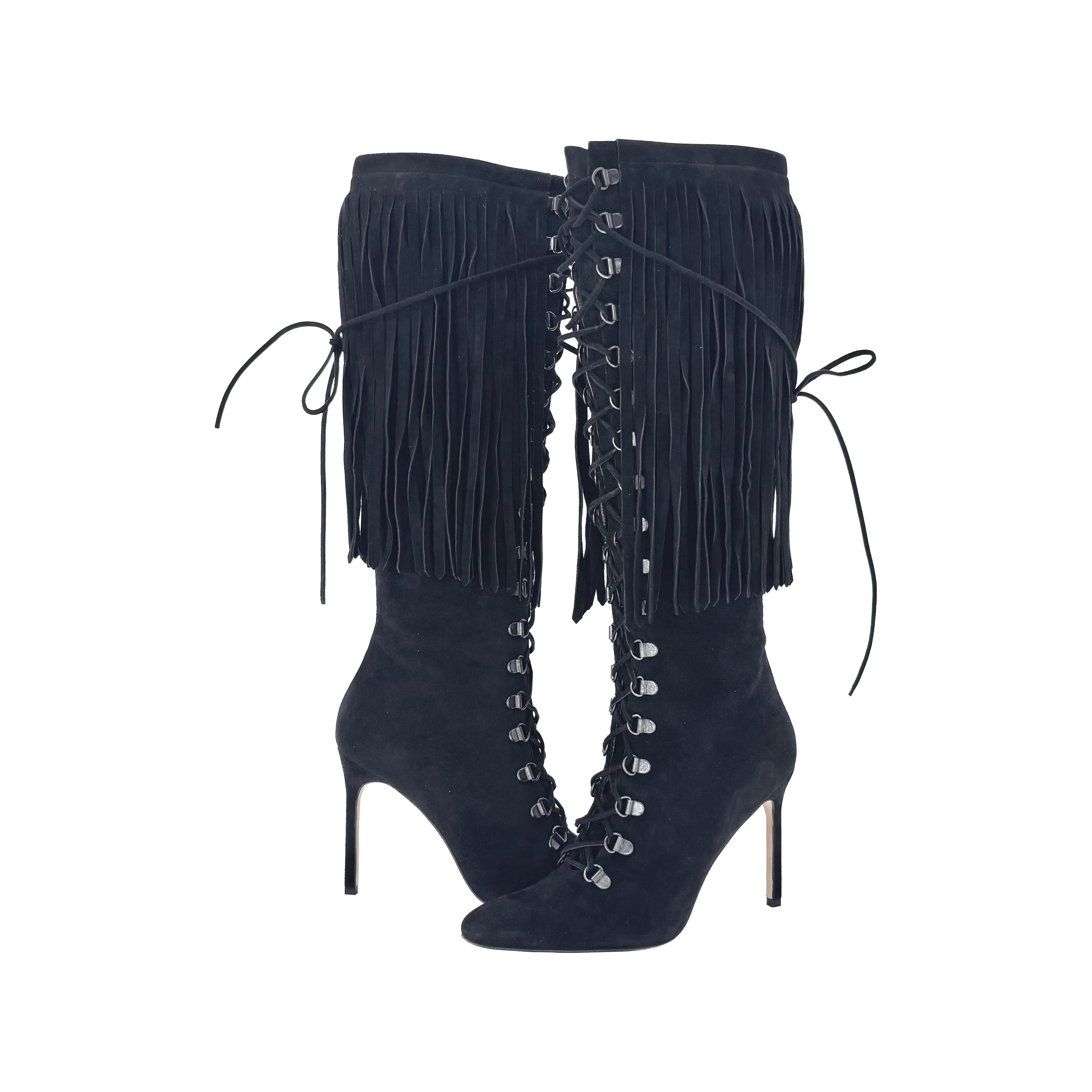 Manolo Blahnik 2015 Fringed Laceup Siouxi 105 Suede Knee High Heeled Boots 37.5 en vente