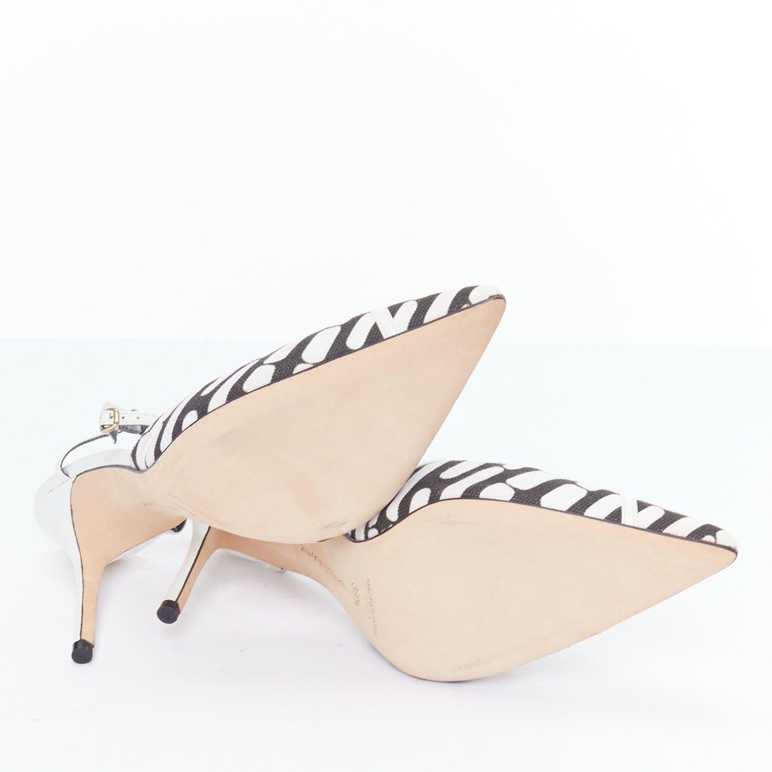MANOLO BLAHNIK 2016 negro blanco lienzo cuero adorno tacones de tiras EU39.5 en venta 6