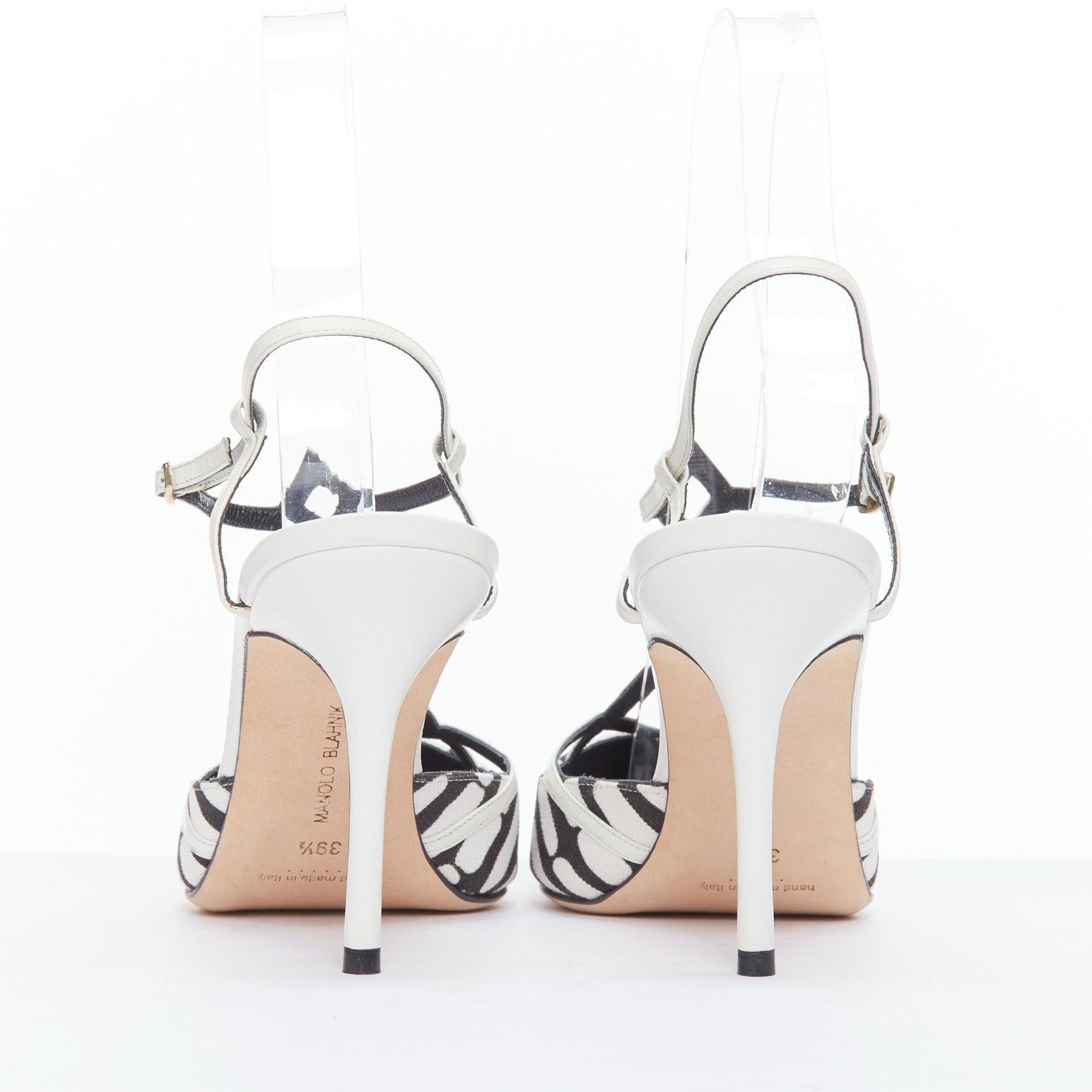 De las mujeres MANOLO BLAHNIK 2016 negro blanco lienzo cuero adorno tacones de tiras EU39.5 en venta