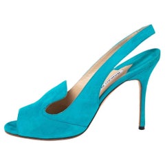 Manolo Blahnik Aqua Blue Suede Slingback Peep-Toe Sandals Size 37