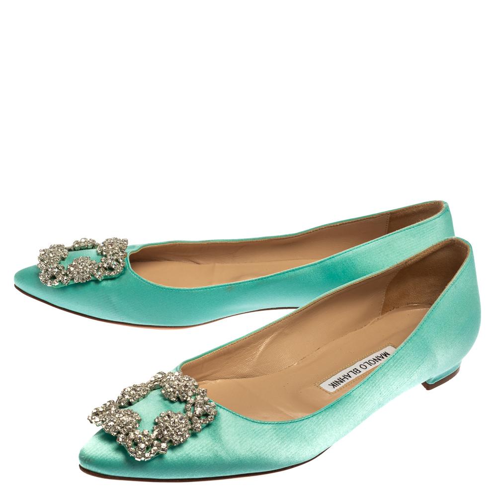 Manolo Blahnik Aqua Green Satin Hangisi Pointed Toe Flats Size 38 2