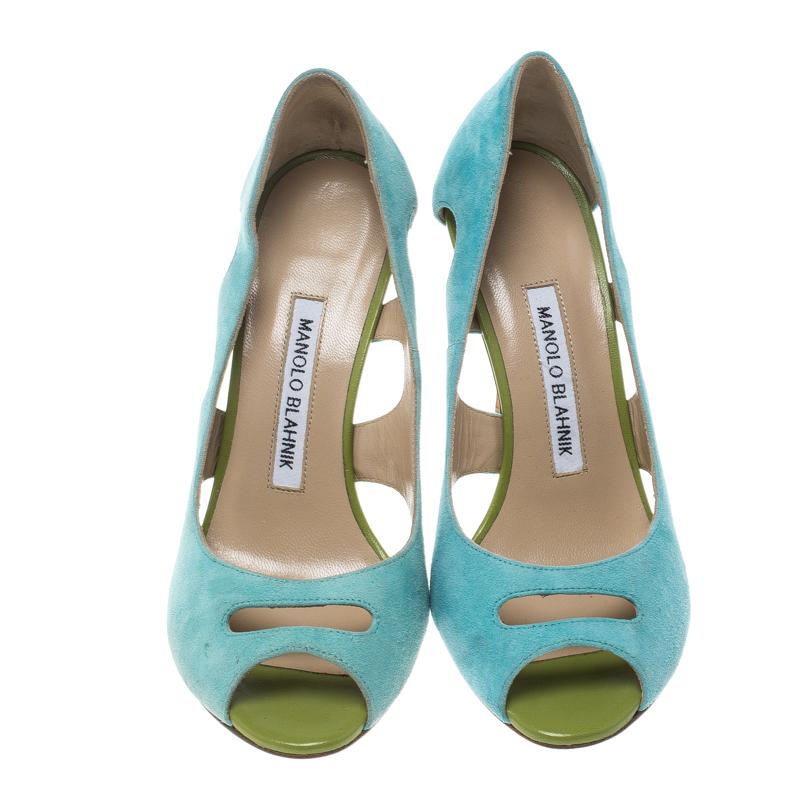 Gray Manolo Blahnik Aqua Green Suede Cutout Peep Toe Pumps Size 35.5